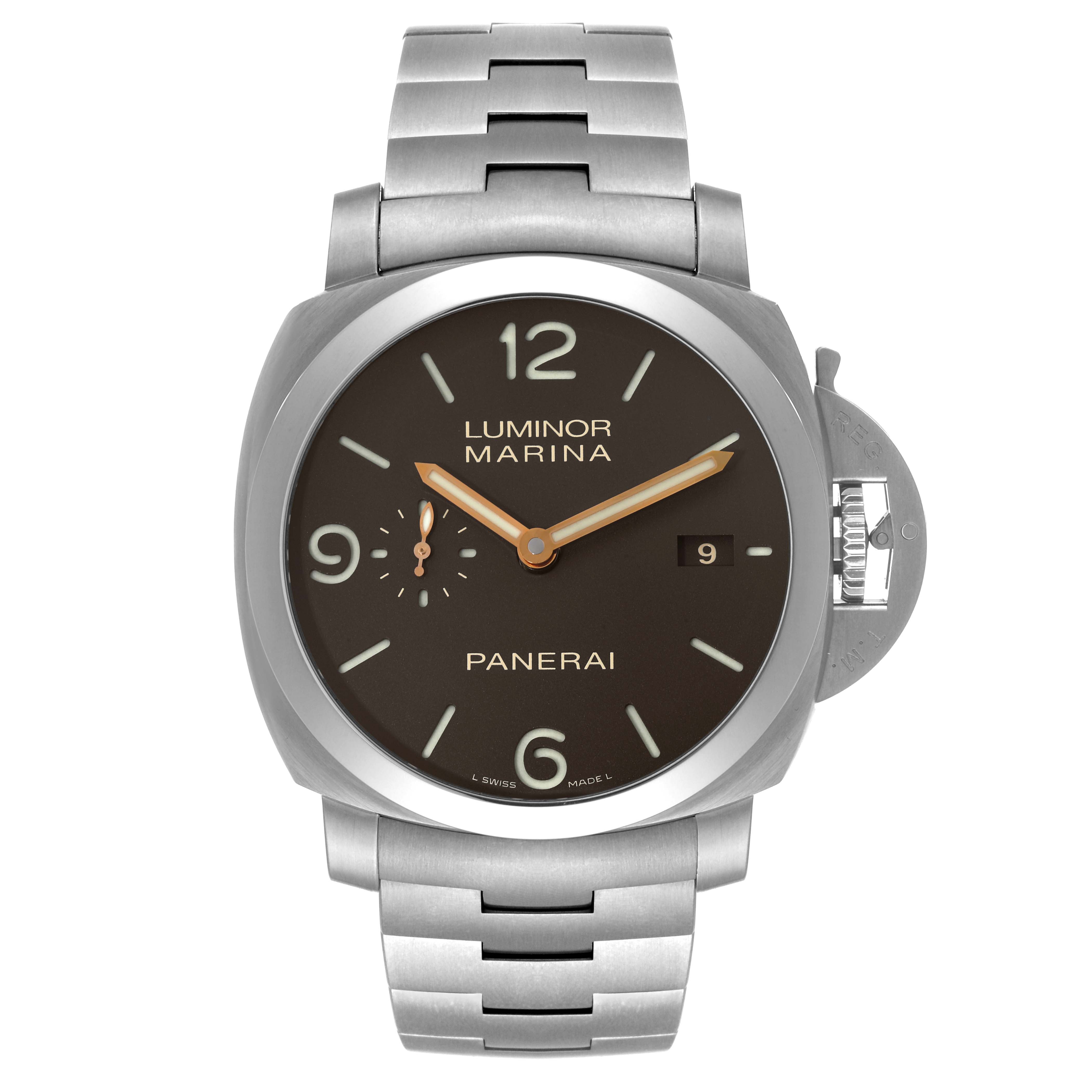 The image shows a front view of a Panerai Luminor PAM00352 Men's Titanium Brown Dial PAM00352 Men's Titanium Brown Dial model watch, displaying its face, dial, and stainless steel bracelet.