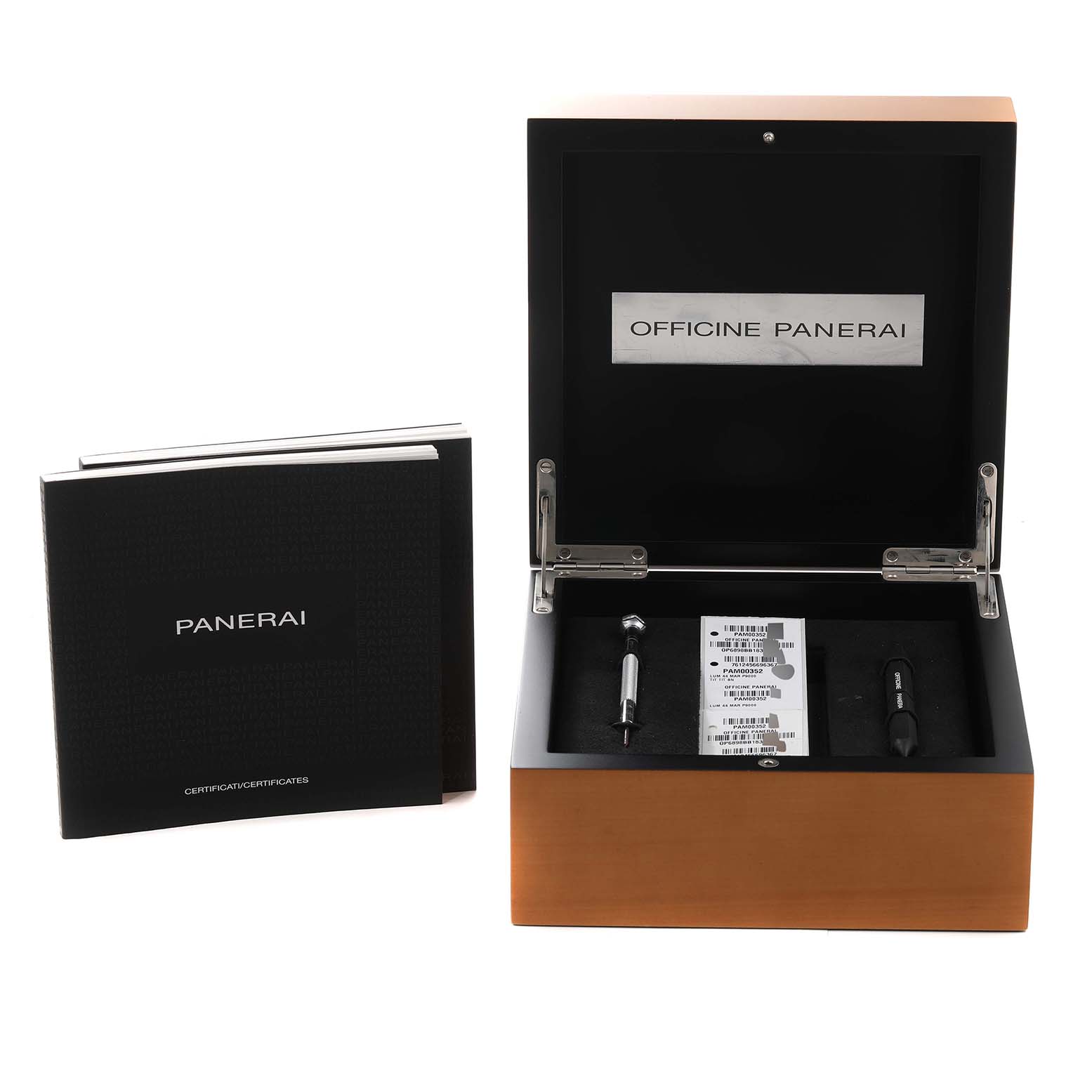 The image shows a Panerai Luminor PAM00352 Men's Titanium Brown Dial PAM00352 Men's Titanium Brown Dial model presentation box with tools and certificates at a straight-on angle.