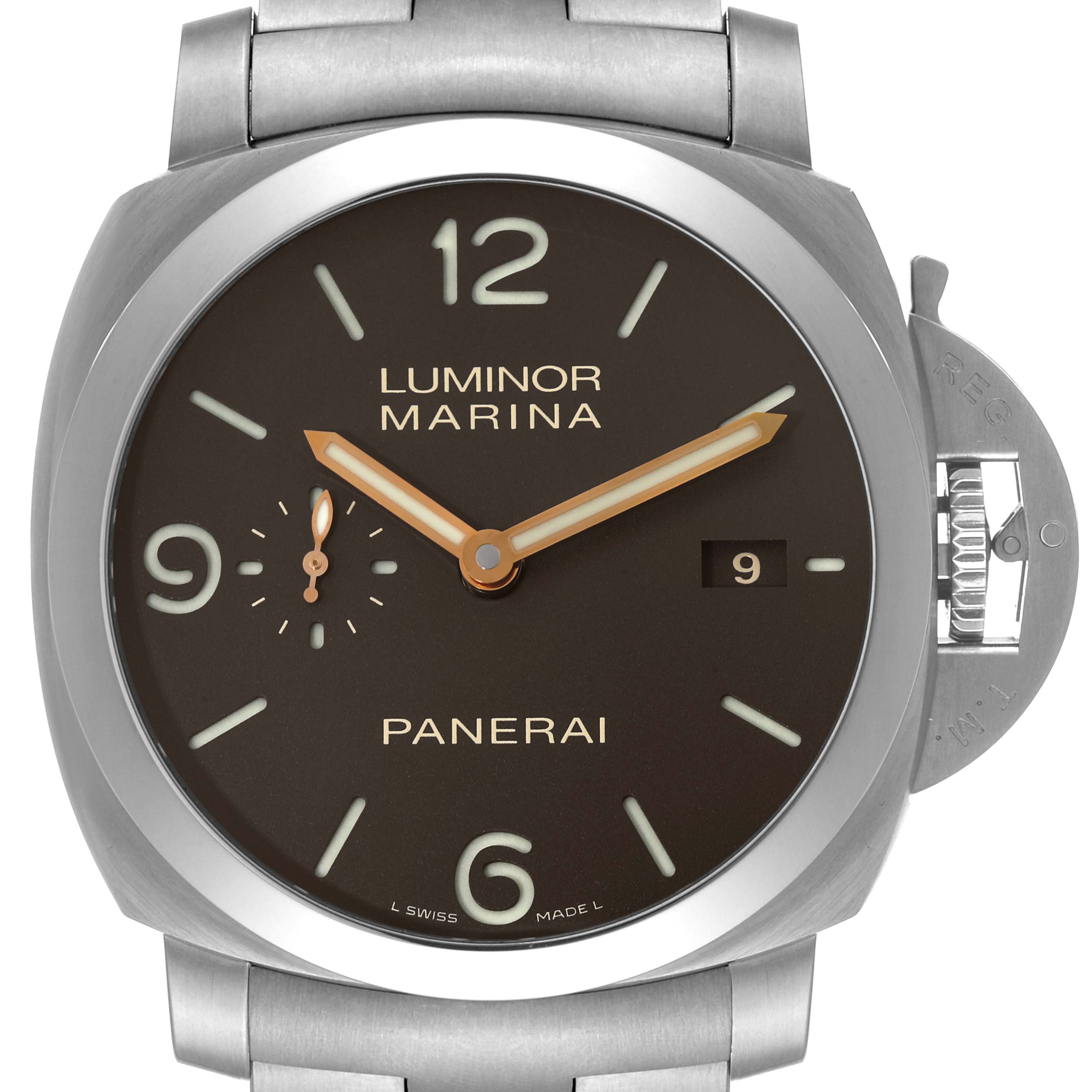 This image shows a front view of the Panerai Luminor PAM00352 Men's Titanium Brown Dial PAM00352 Men's Titanium Brown Dial Marina watch, displaying its dial, hands, and signature crown guard.