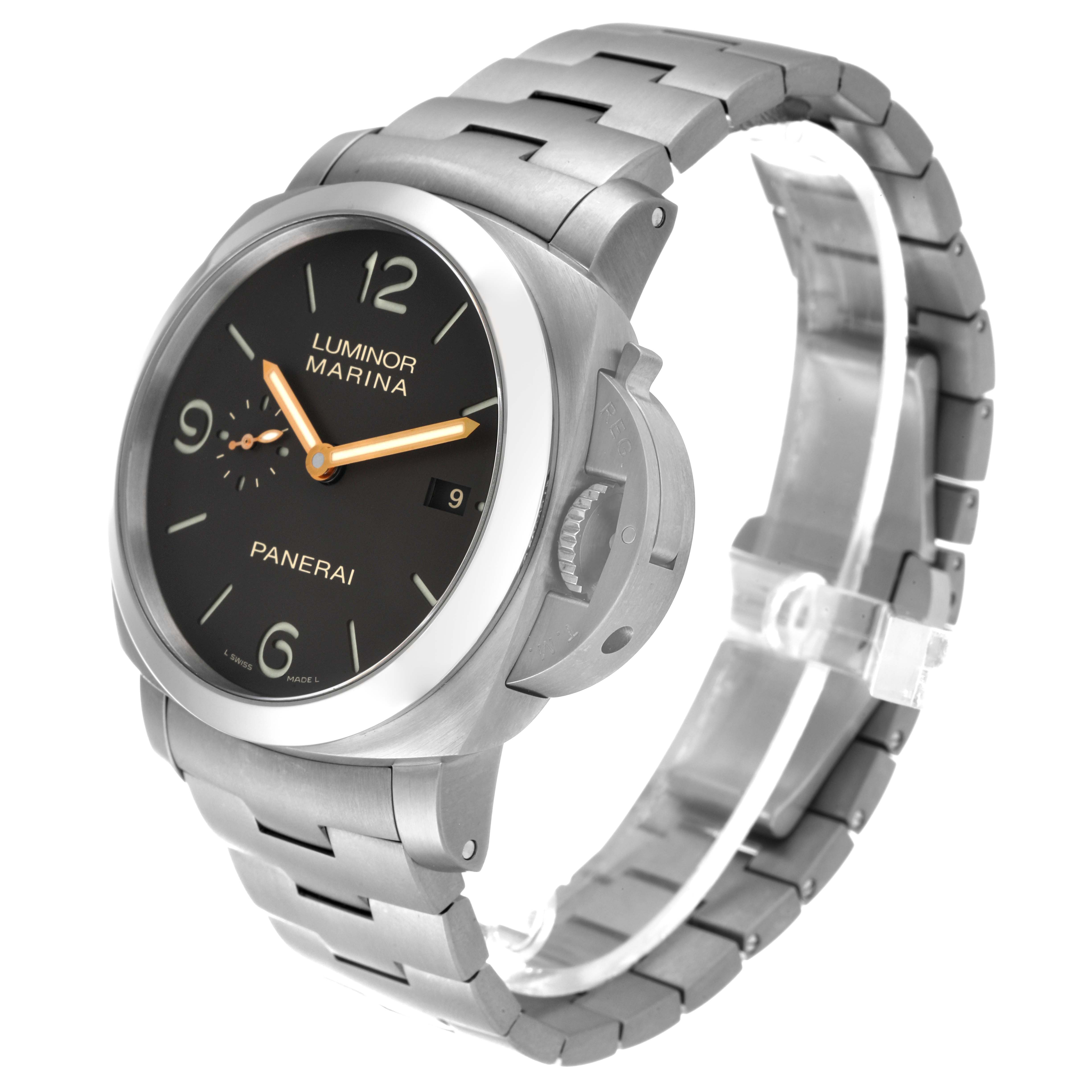 This is a Panerai Luminor PAM00352 Men's Titanium Brown Dial PAM00352 Men's Titanium Brown Dial watch shown from a three-quarter angle displaying the face, crown protector, and metal bracelet.
