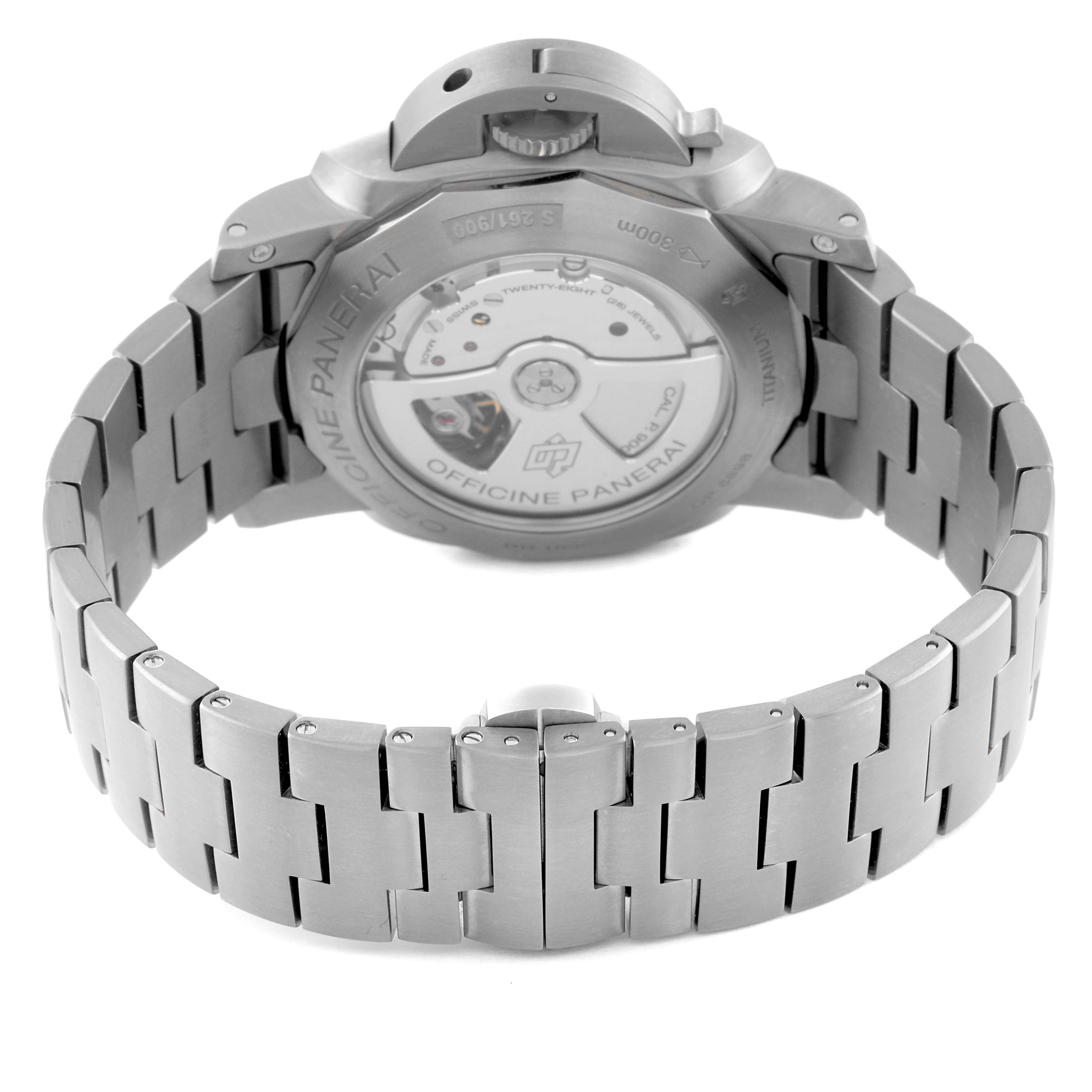 The image shows the back view of a Panerai Luminor PAM00352 Men's Titanium Brown Dial PAM00352 Men's Titanium Brown Dial watch, highlighting the stainless steel case back and bracelet.