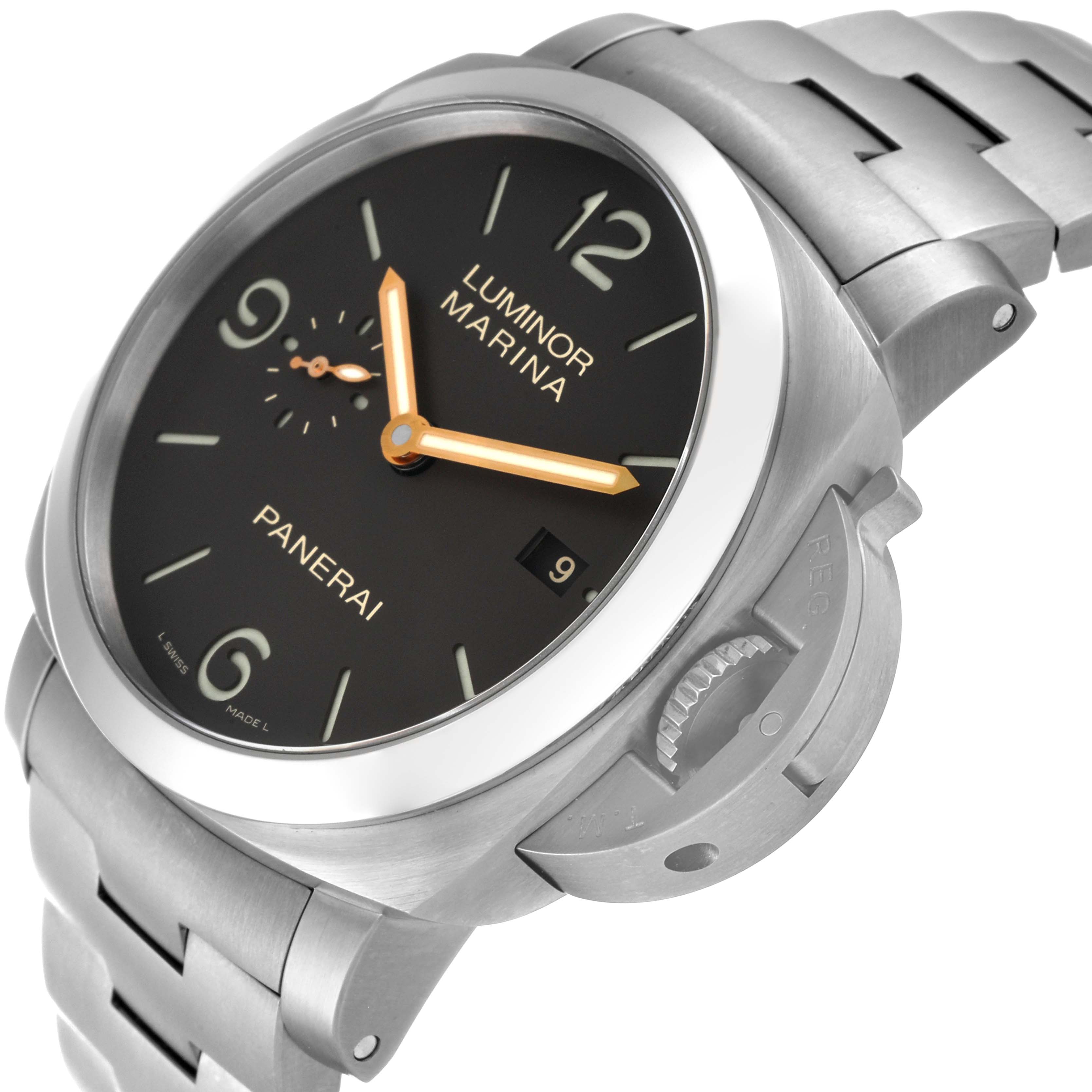 This image shows an angled view of the Panerai Luminor PAM00352 Men's Titanium Brown Dial PAM00352 Men's Titanium Brown Dial Marina watch displaying its dial, crown guard, and part of the bracelet.