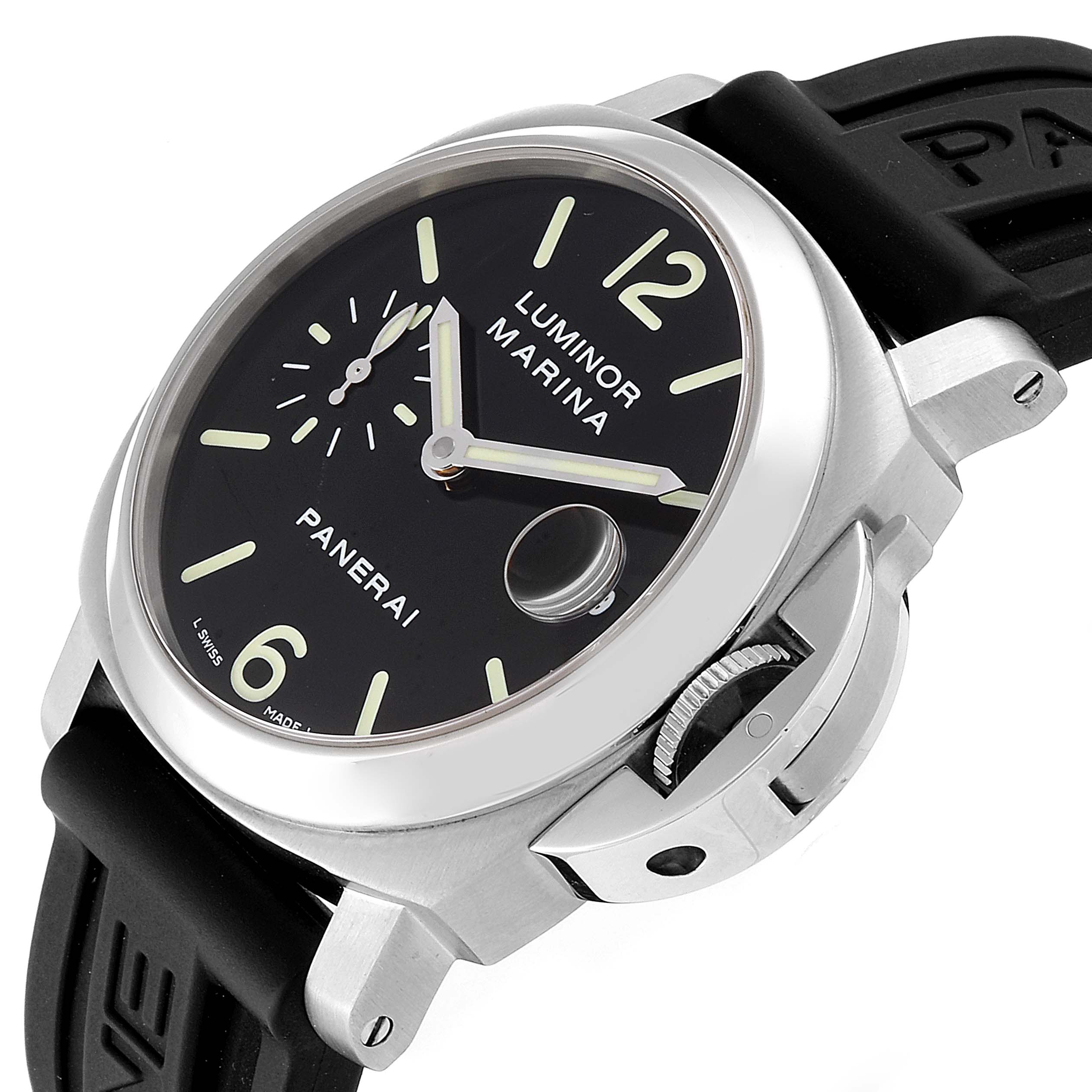 This image shows a close-up, angled view of the Panerai Luminor PAM00048 Men
s Stainless Steel Black Dial PAM00048 Men
s Stainless Steel Black Dial watch, highlighting the dial, case, and crown guard.
