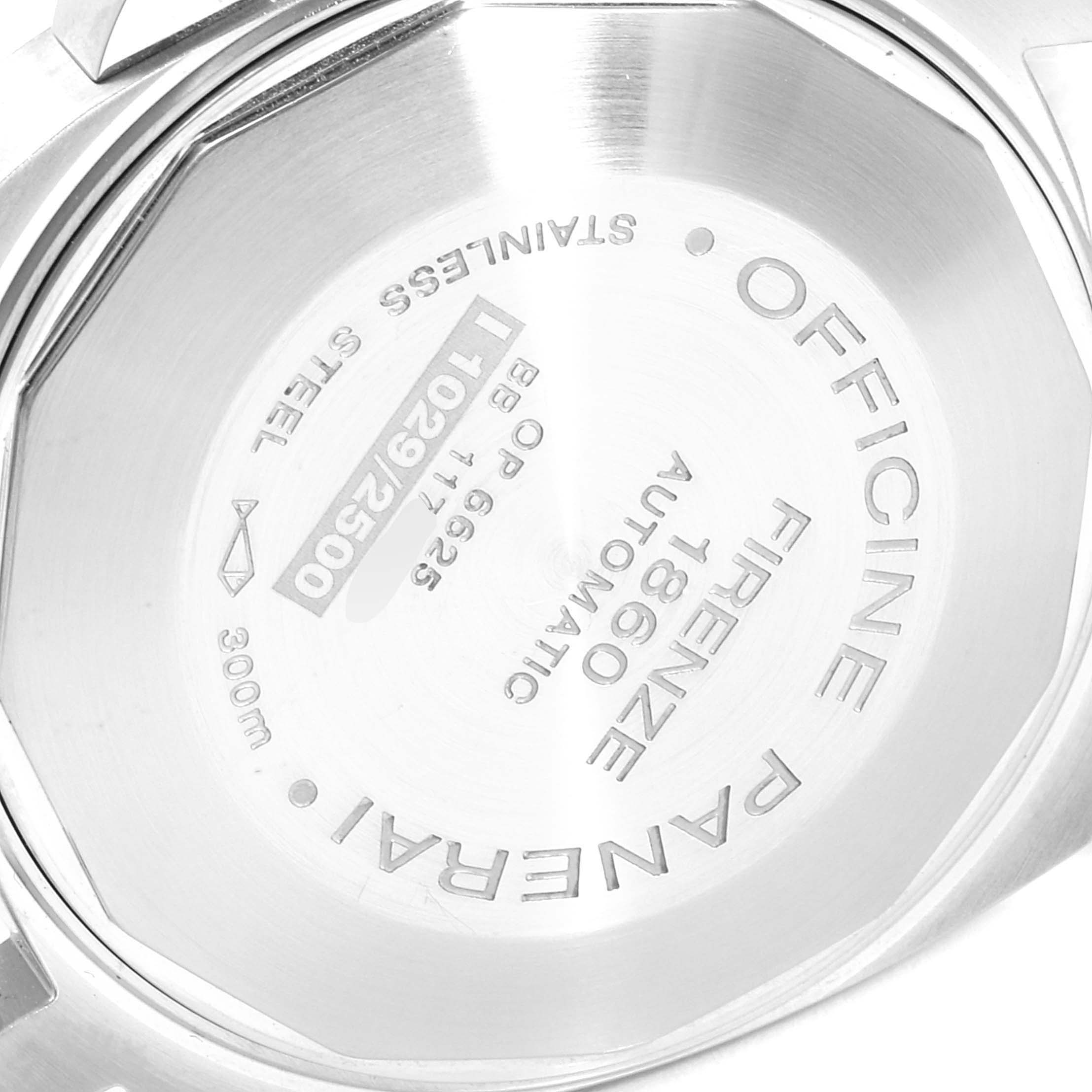 This image shows the case back of a Panerai Luminor PAM00048 Men
s Stainless Steel Black Dial PAM00048 Men
s Stainless Steel Black Dial watch, displaying engraved specifications.