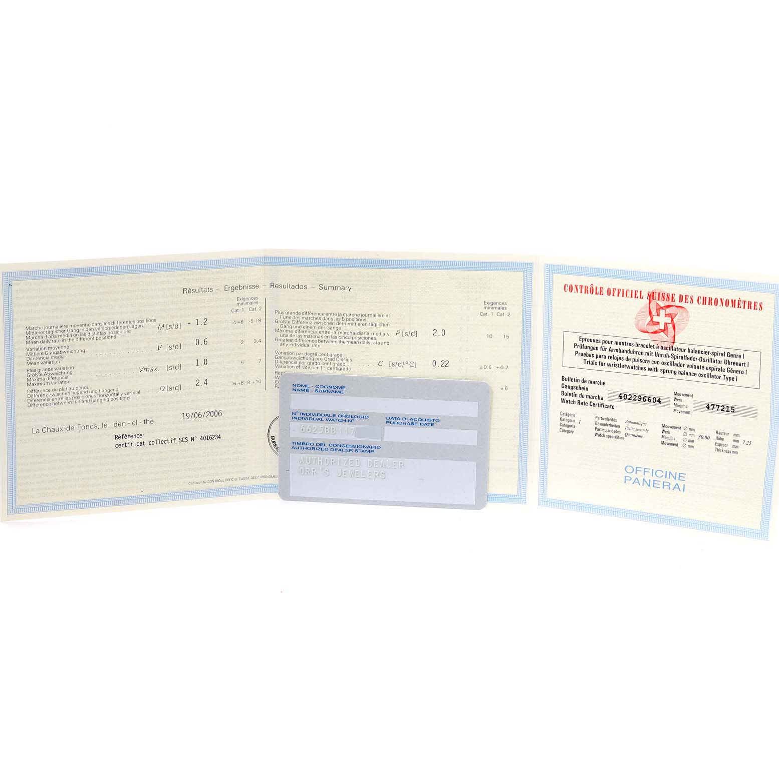 The image shows the warranty and certification documents for a Panerai Luminor PAM00048 Men
s Stainless Steel Black Dial PAM00048 Men
s Stainless Steel Black Dial watch, laid out flat.