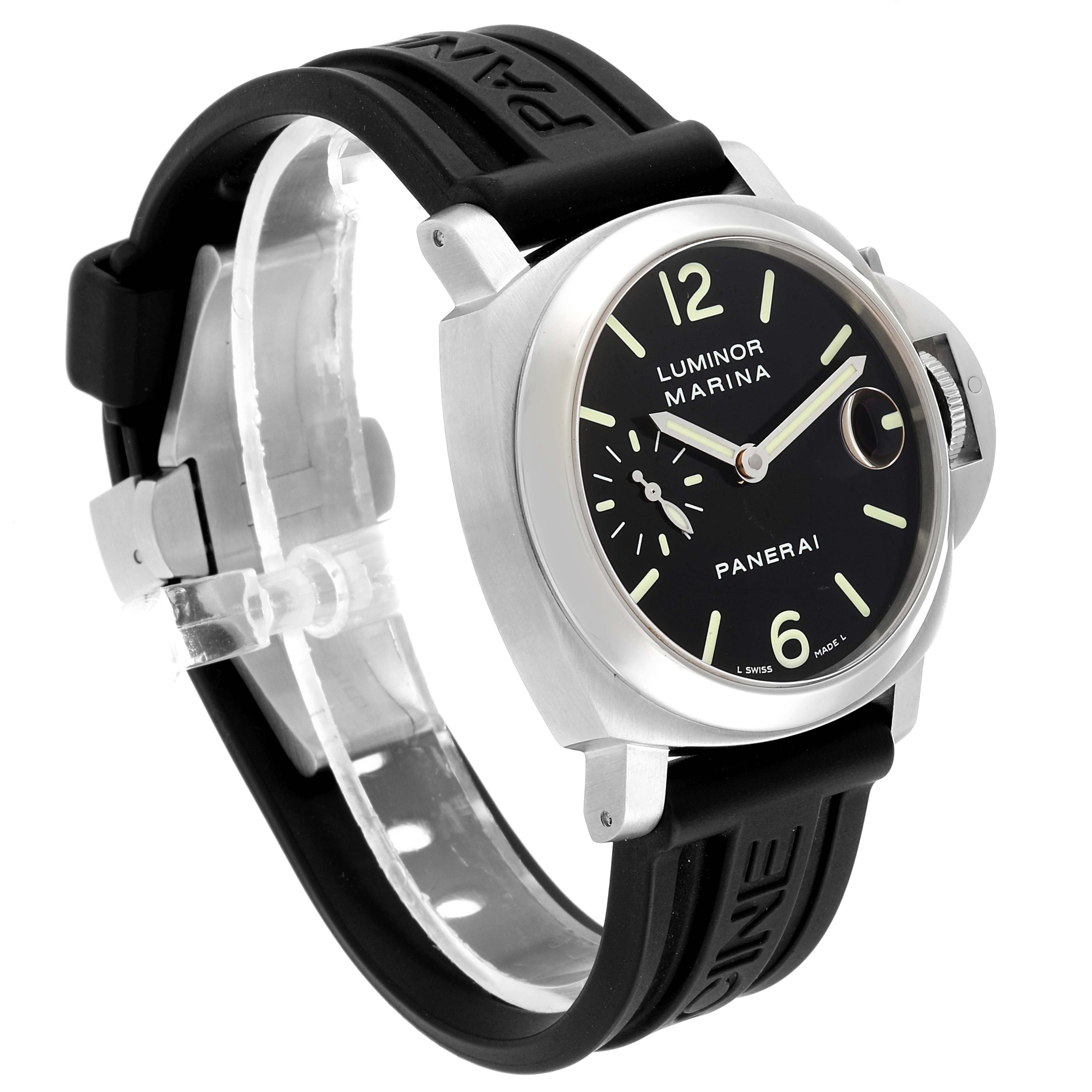 This Panerai Luminor PAM00048 Men
s Stainless Steel Black Dial PAM00048 Men
s Stainless Steel Black Dial watch showcases a side angle, revealing its black dial, case, crown guard, and black rubber strap.