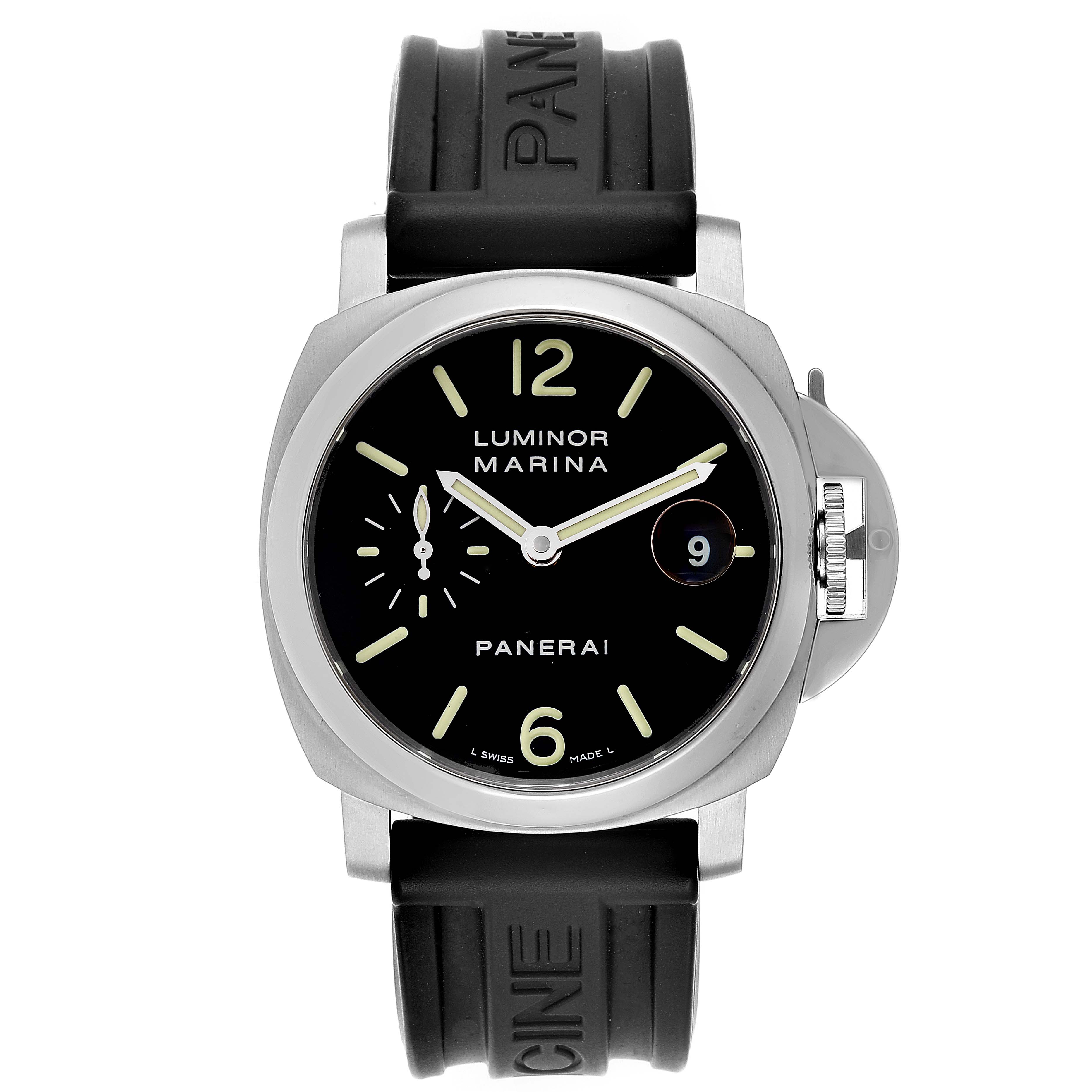 The image shows a front view of a Panerai Luminor PAM00048 Men
s Stainless Steel Black Dial PAM00048 Men
s Stainless Steel Black Dial Marina watch with a black rubber strap and a black dial.