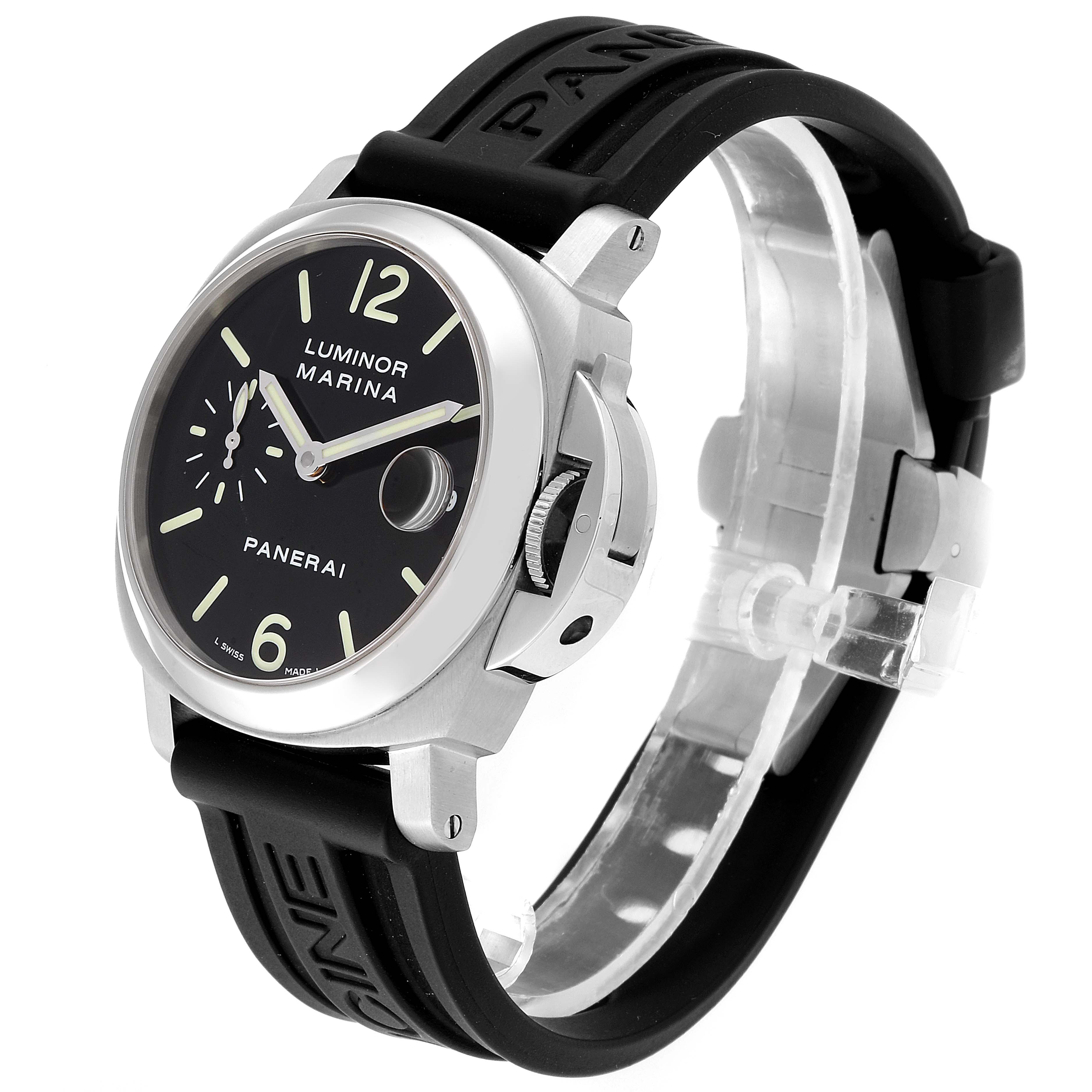 The image shows a Panerai Luminor PAM00048 Men
s Stainless Steel Black Dial PAM00048 Men
s Stainless Steel Black Dial watch at a slight angle, highlighting its black dial, case, crown guard, and black rubber strap.
