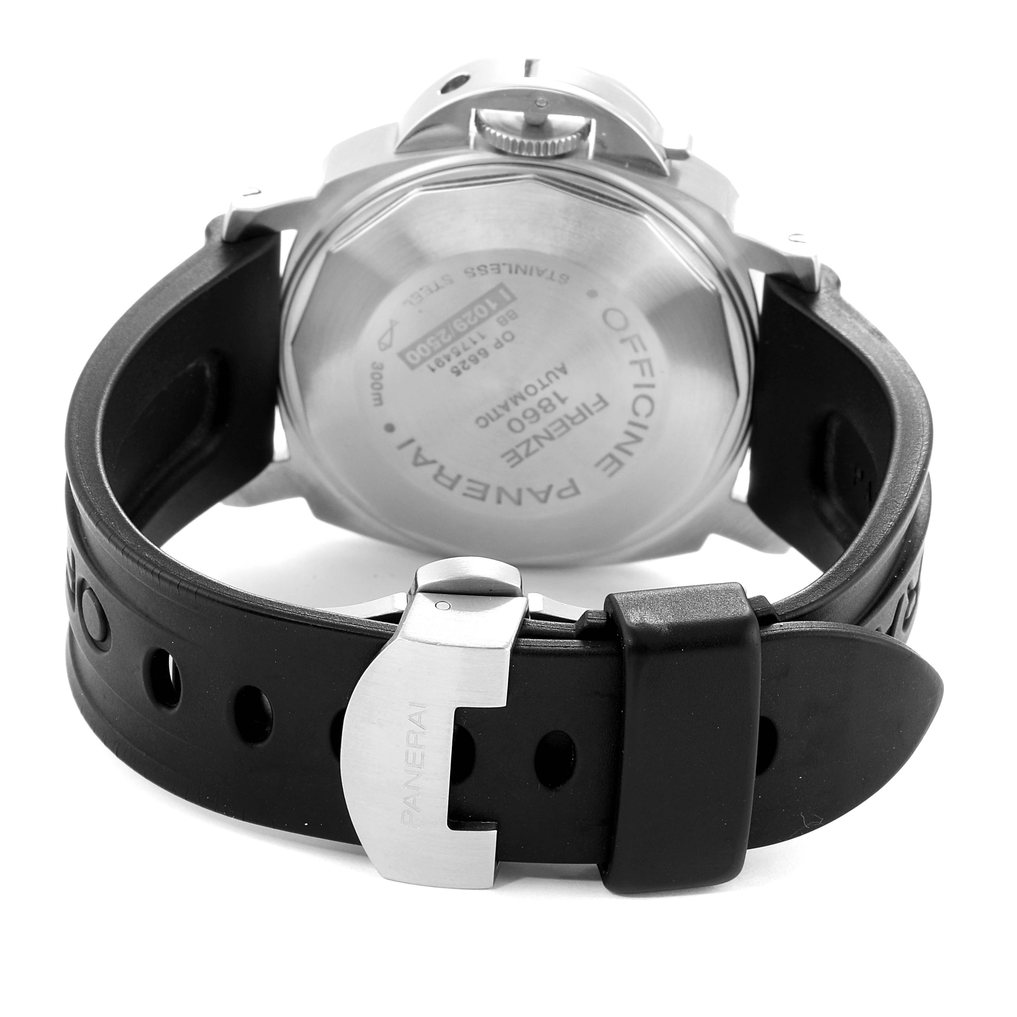 The image shows the back case, clasp, and part of the strap of a Panerai Luminor PAM00048 Men
s Stainless Steel Black Dial PAM00048 Men
s Stainless Steel Black Dial watch.