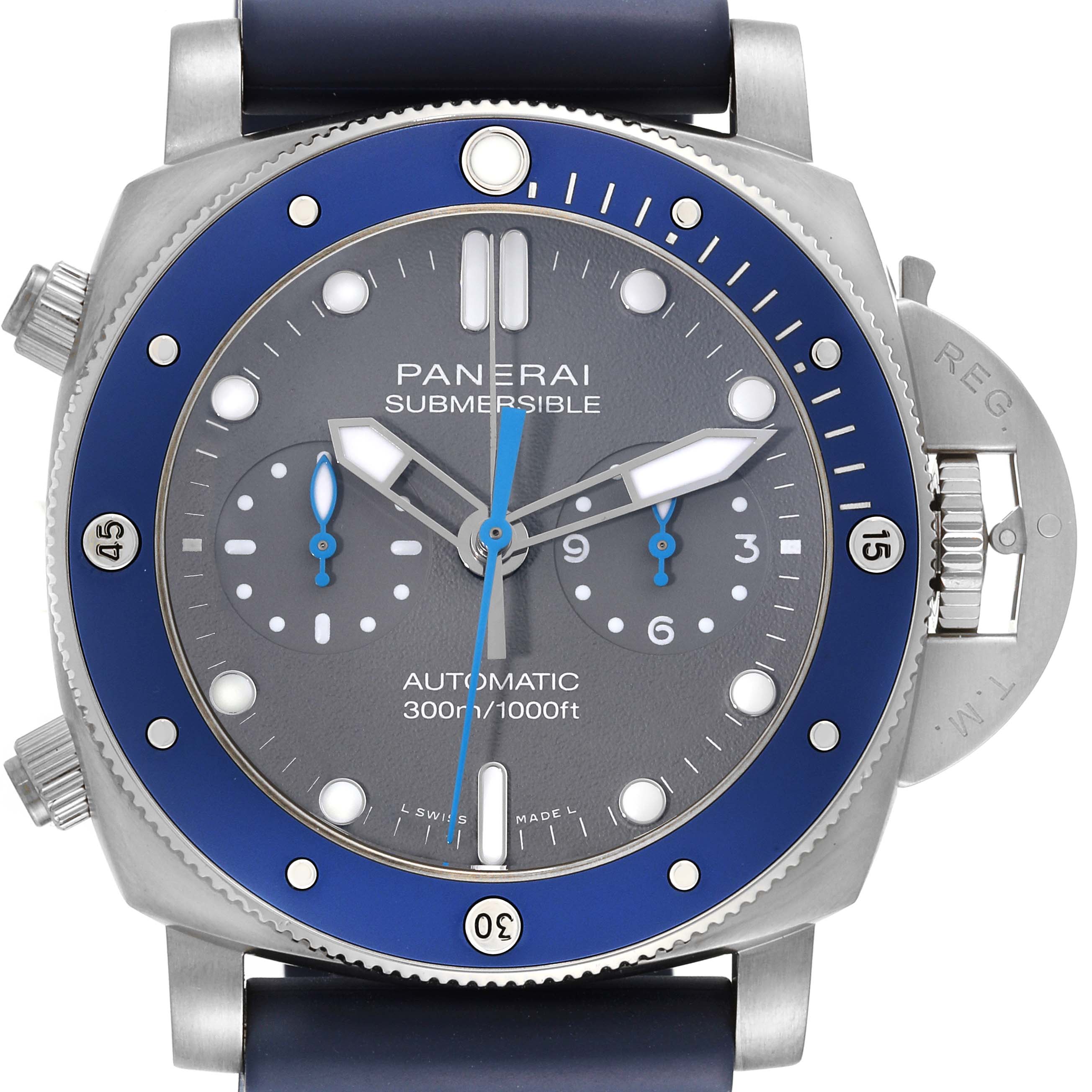 The image shows a front view of the Panerai Submersible PAM00982 Men's Titanium Grey Dial PAM00982 Men's Titanium Grey Dial watch, highlighting the dial, hands, bezel, and crown guard.
