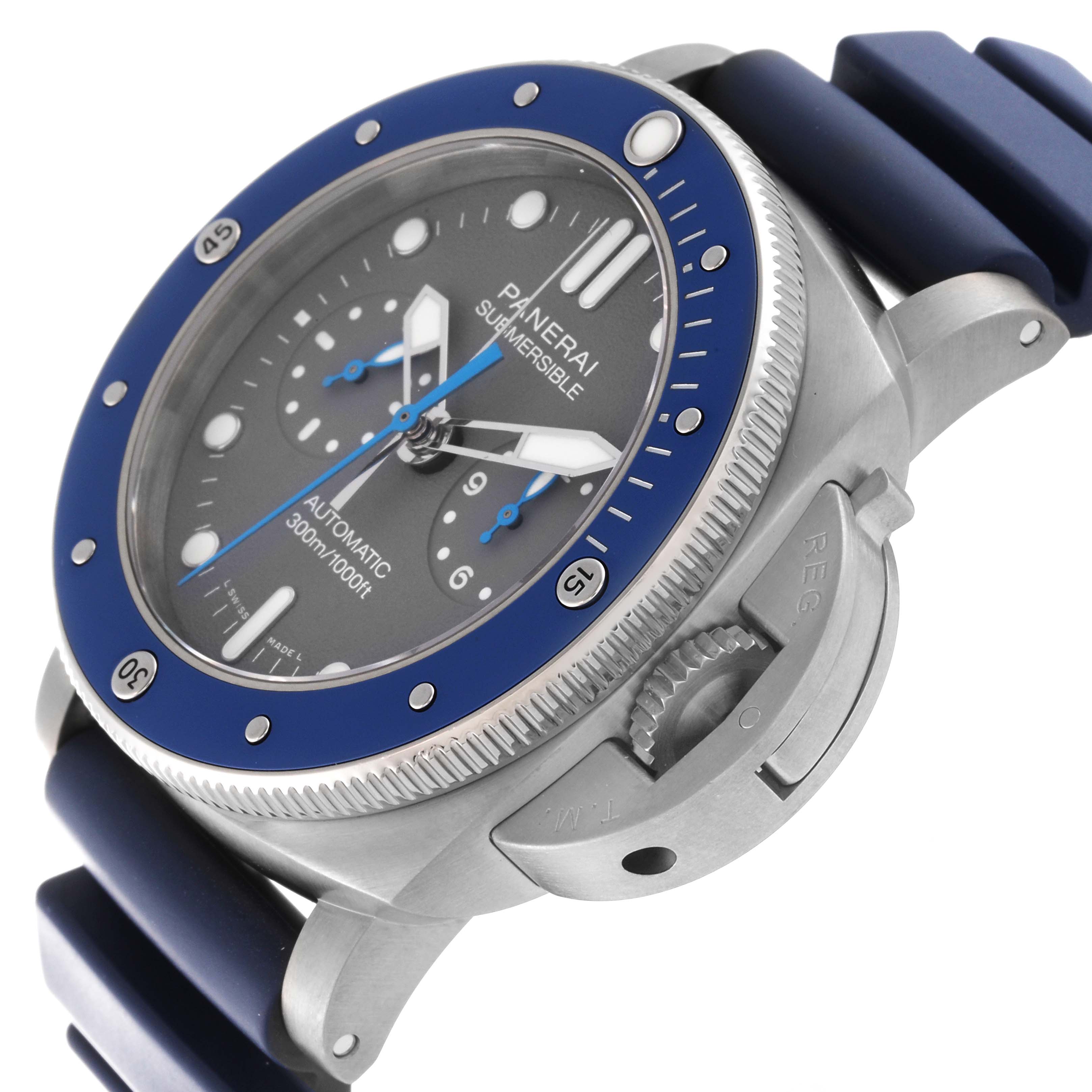 The image shows a Panerai Submersible PAM00982 Men's Titanium Grey Dial PAM00982 Men's Titanium Grey Dial watch from an angled perspective, highlighting the dial, bezel, and crown guard.