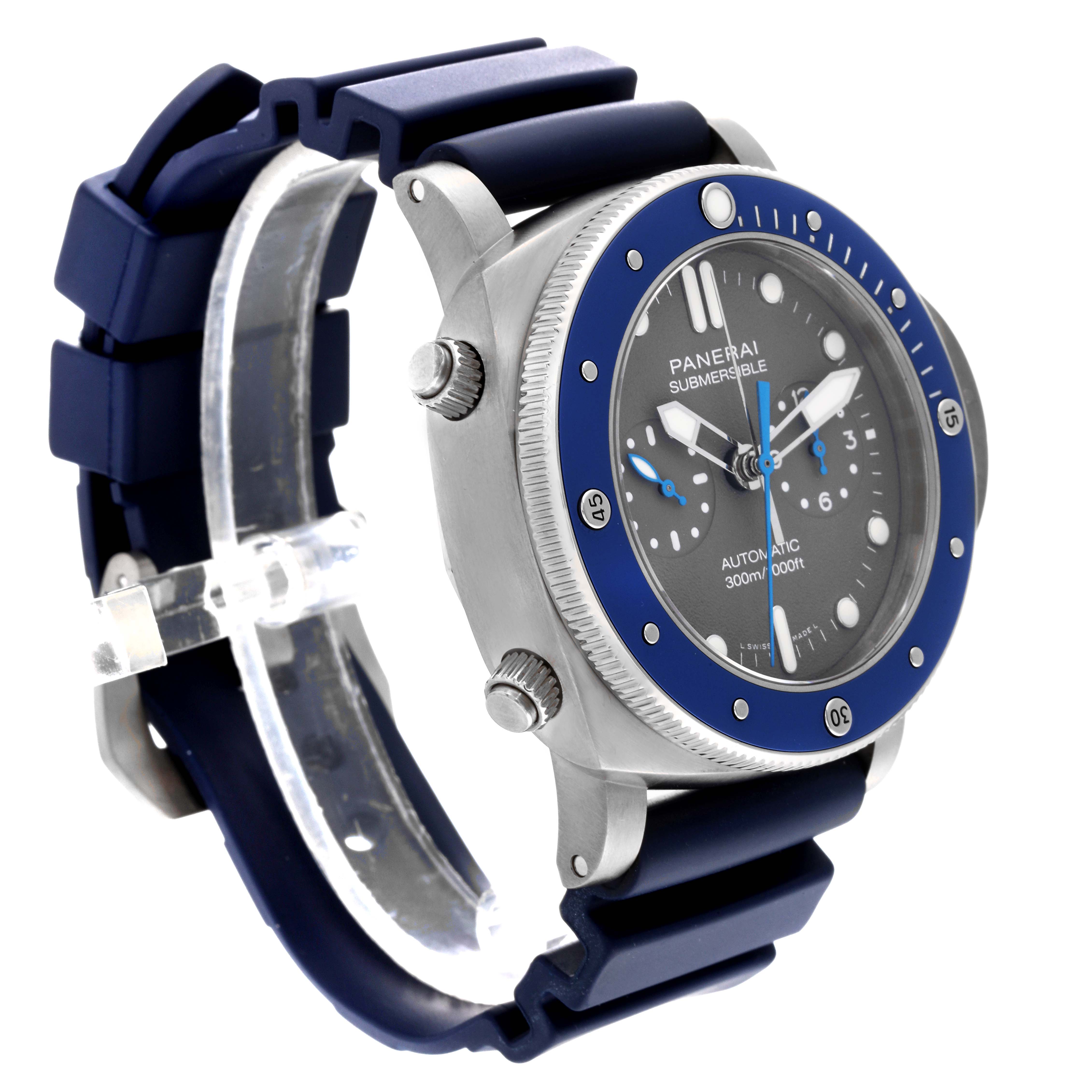 This image shows a side and front-angle view of a Panerai Submersible PAM00982 Men's Titanium Grey Dial PAM00982 Men's Titanium Grey Dial watch, highlighting the dial, bezel, case, and strap.