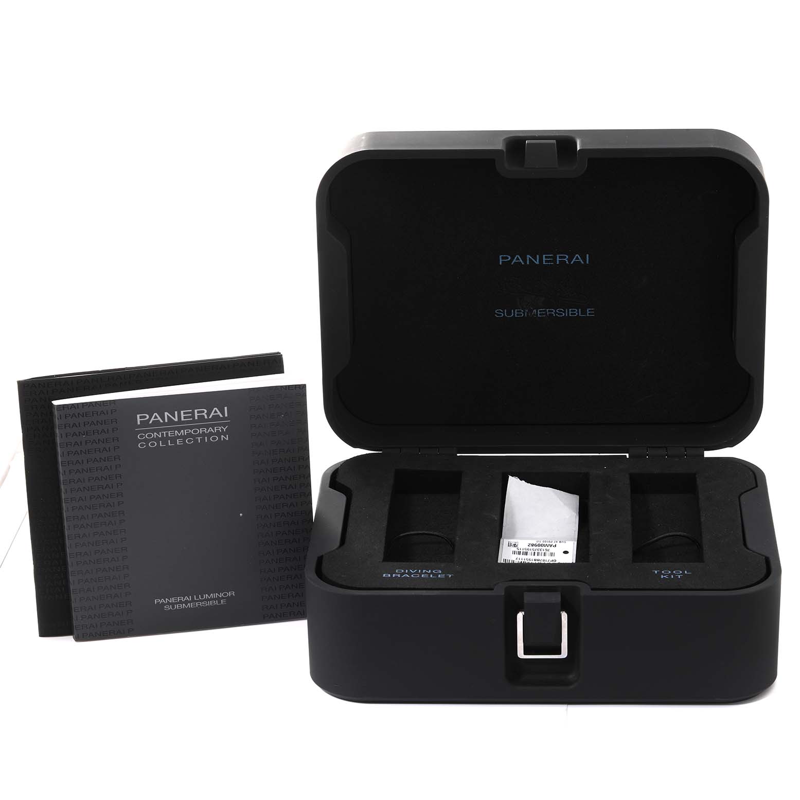 The image shows a Panerai Submersible PAM00982 Men's Titanium Grey Dial PAM00982 Men's Titanium Grey Dial watch box and documentation from a front angle.