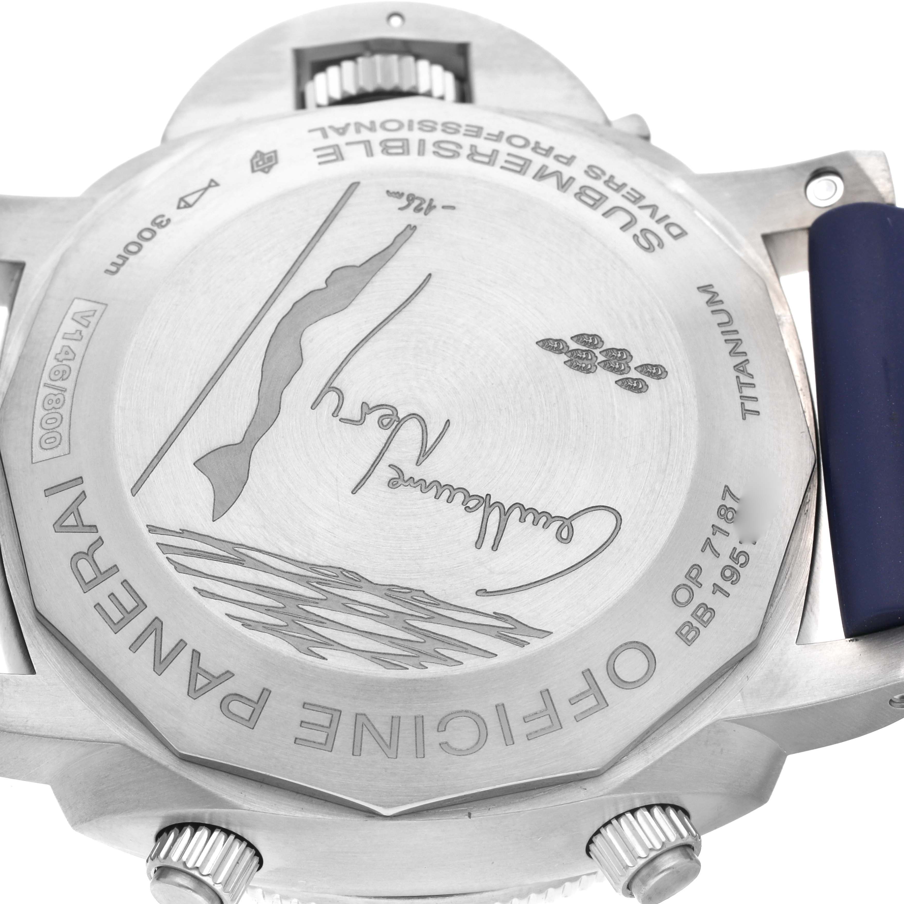 The image shows the back case of a Panerai Submersible PAM00982 Men's Titanium Grey Dial PAM00982 Men's Titanium Grey Dial model watch, highlighting its engravings and titanium material.