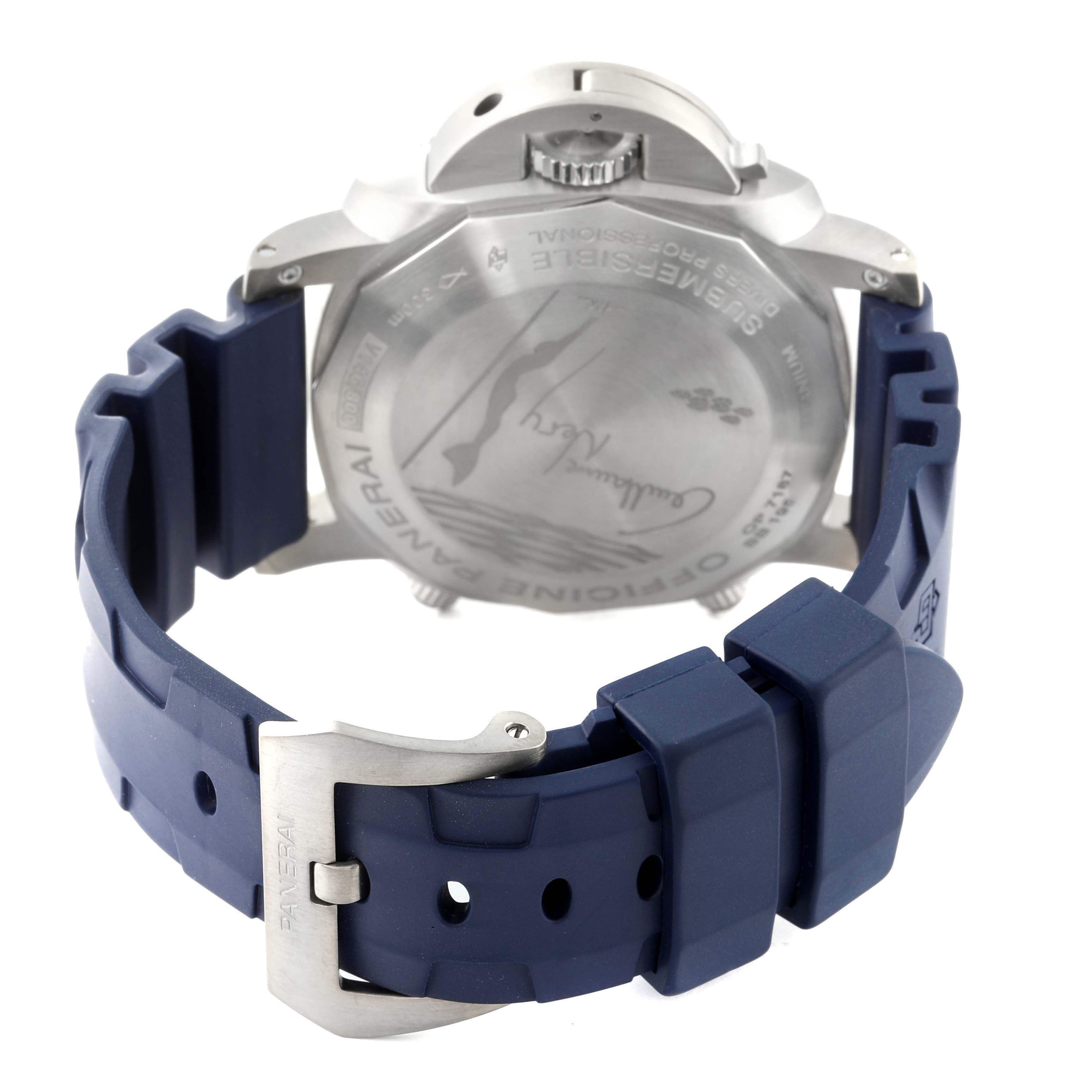 The image shows the back of a Panerai Submersible PAM00982 Men's Titanium Grey Dial PAM00982 Men's Titanium Grey Dial watch with its blue rubber strap and engraved case back.