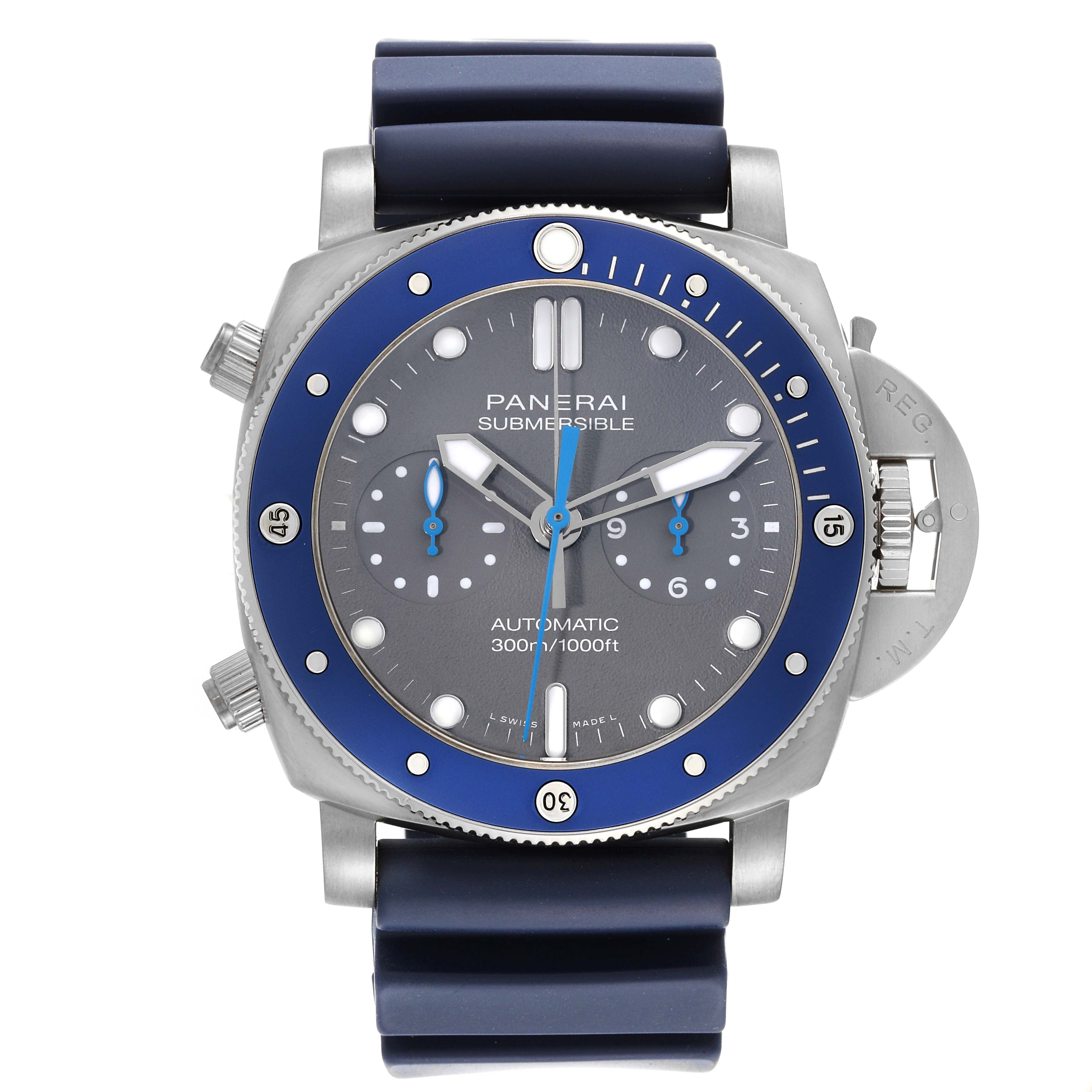 The image shows a Panerai Submersible PAM00982 Men's Titanium Grey Dial PAM00982 Men's Titanium Grey Dial watch from a top-down angle, highlighting the watch face, bezel, and blue strap.