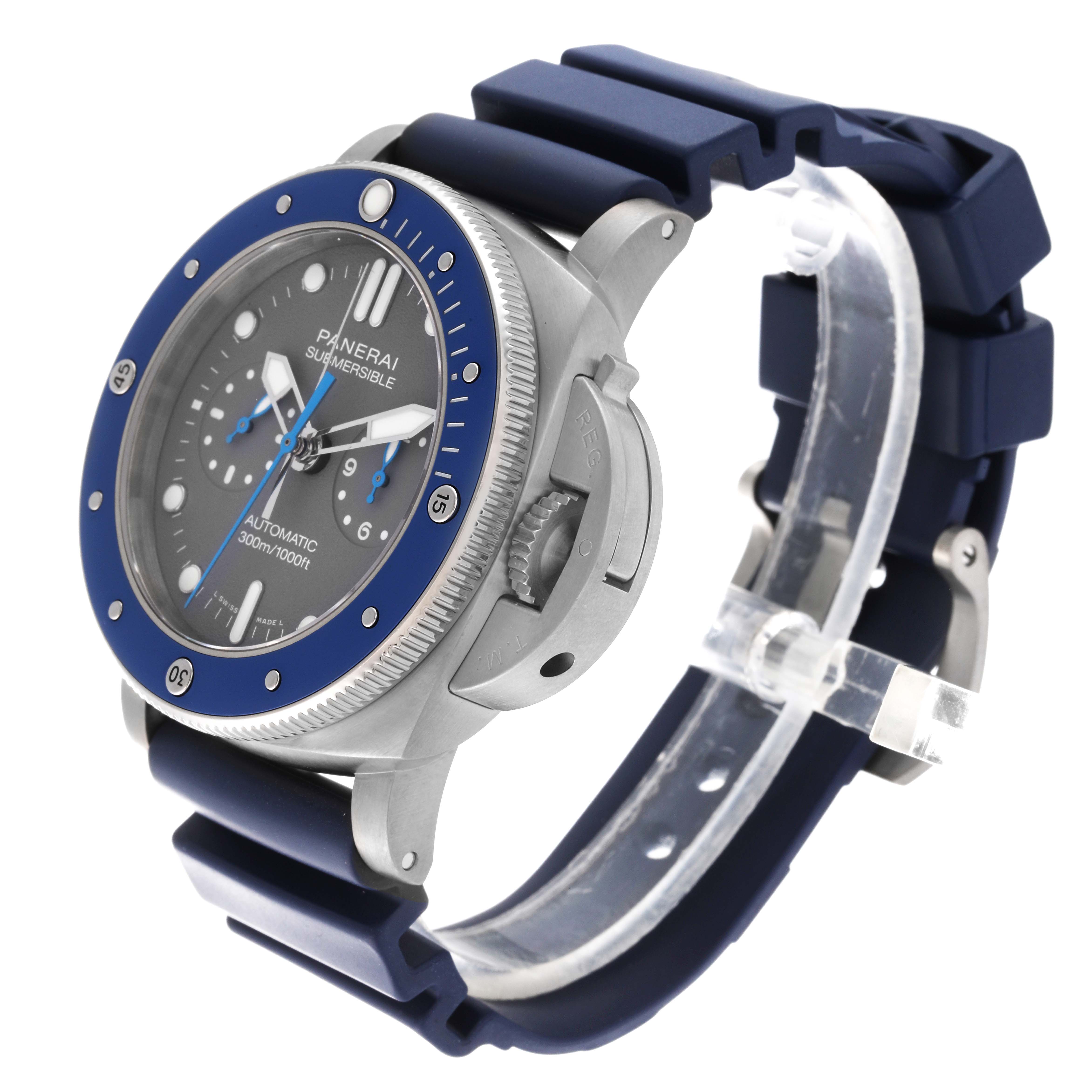 The image shows a side and partial front angle of the Panerai Submersible PAM00982 Men's Titanium Grey Dial PAM00982 Men's Titanium Grey Dial watch, highlighting the bezel, dial, crown guard, and strap.