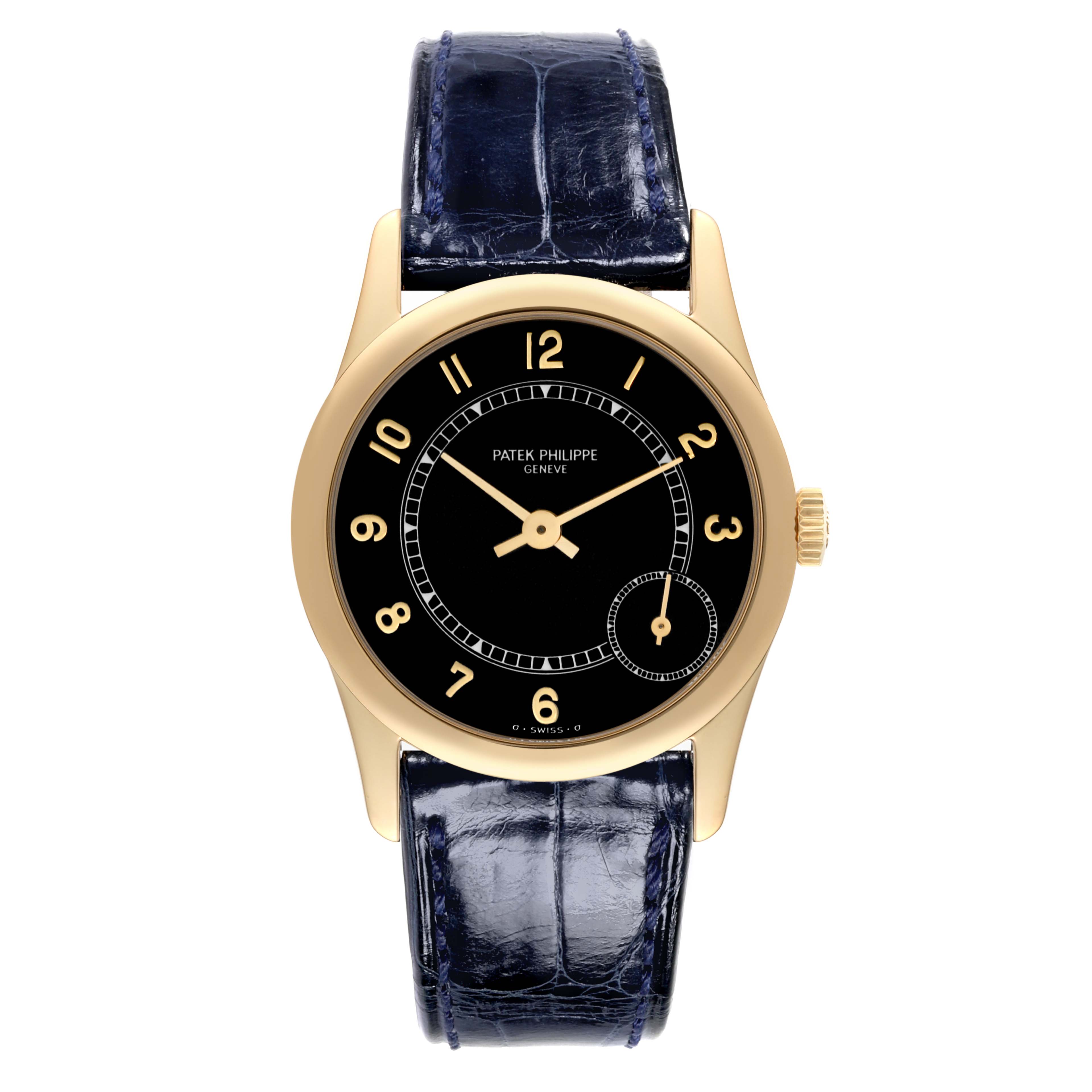 This image shows a Patek Philippe Calatrava 5000J Men's Yellow Gold Black Dial 5000J Men's Yellow Gold Black Dial model watch from a direct front angle, highlighting its black dial, gold case, and blue leather strap.