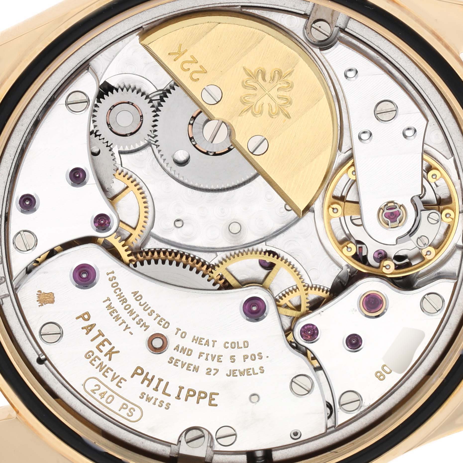 This image shows a close-up view of the movement mechanism of a Patek Philippe Calatrava 5000J Men's Yellow Gold Black Dial 5000J Men's Yellow Gold Black Dial watch.