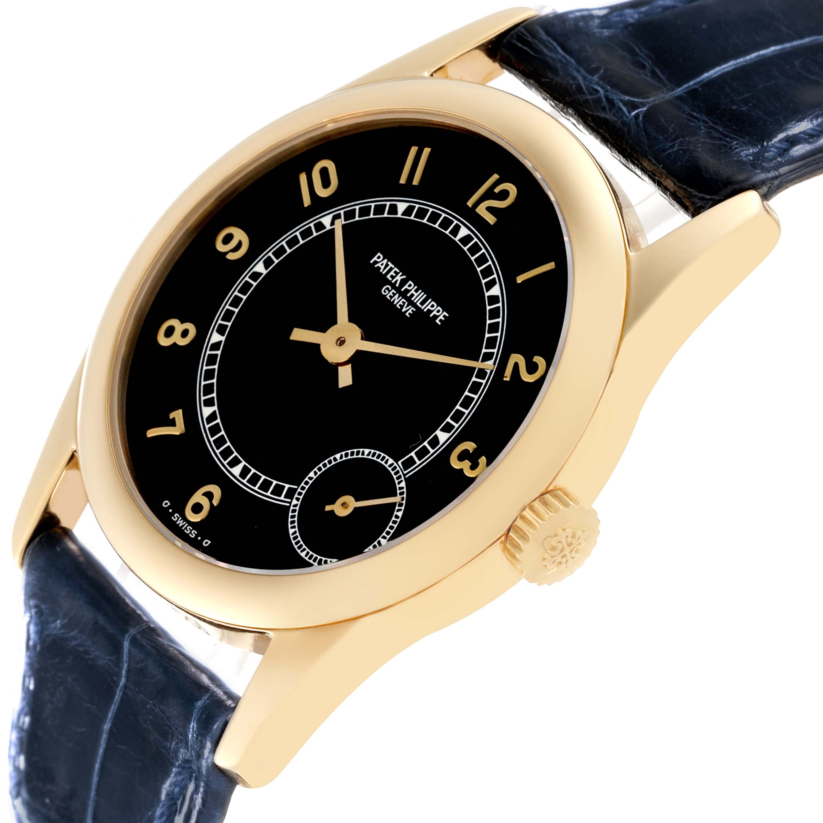 The image shows a Calatrava model by Patek Philippe at an angle featuring the face with gold numerals, case, crown, and part of the leather strap.