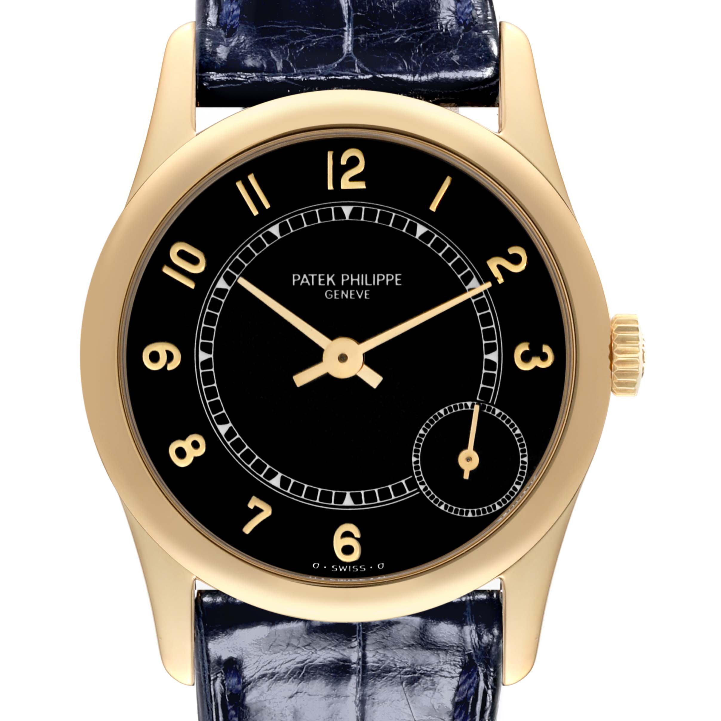 The image shows a front view of a Patek Philippe Calatrava 5000J Men's Yellow Gold Black Dial 5000J Men's Yellow Gold Black Dial watch with a black dial, gold case, and leather strap.