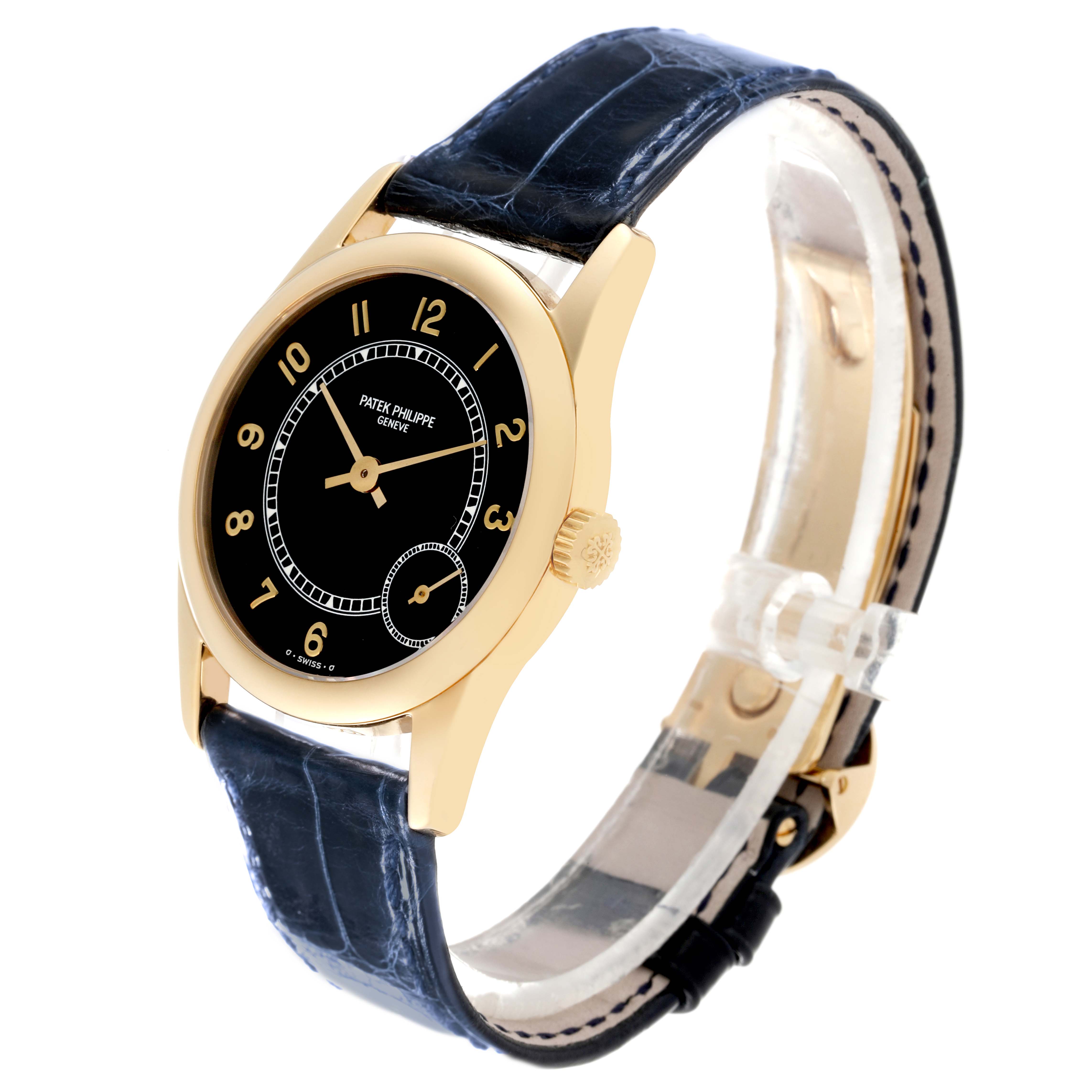 The Patek Philippe Calatrava 5000J Men's Yellow Gold Black Dial 5000J Men's Yellow Gold Black Dial watch is shown at an angled view, highlighting the black dial, gold case, and blue leather strap.