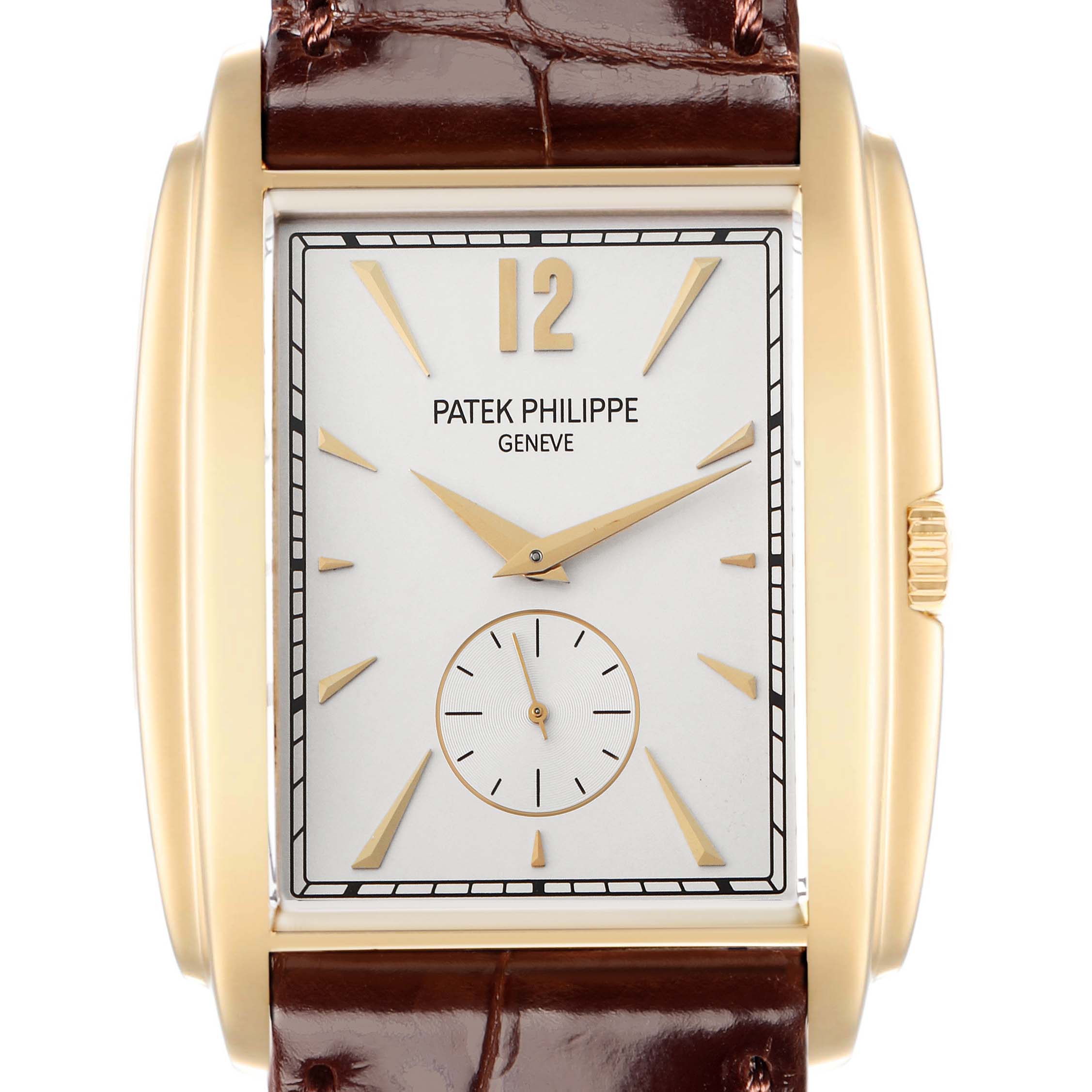 The Patek Philippe Gondolo 5124 Men
s Yellow Gold Silver Dial watch is shown from a front angle, highlighting the dial, hands, case, and part of the strap.
