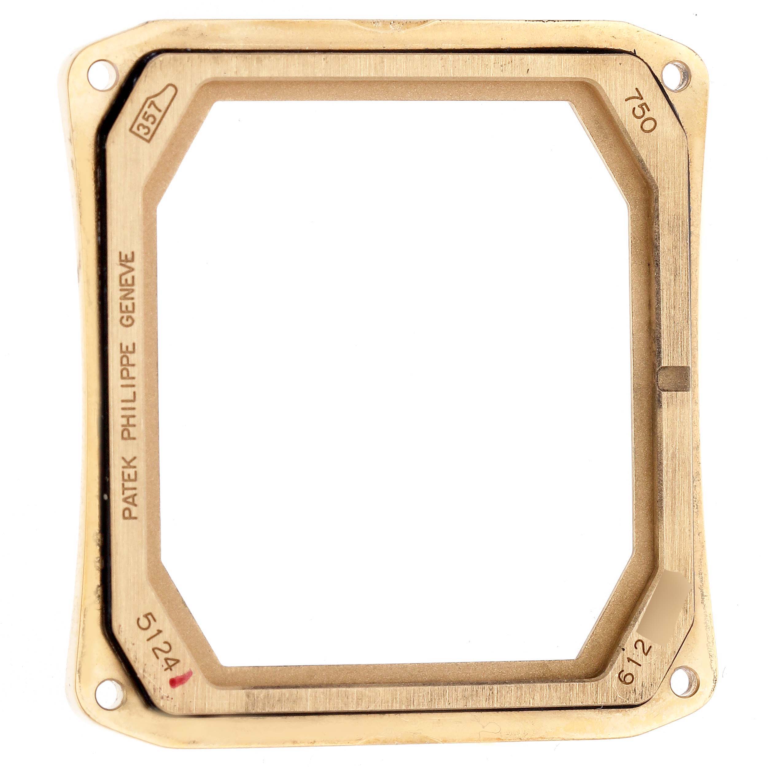 This image shows the front view of a rectangular frame component of the Patek Philippe Gondolo 5124 Men
s Yellow Gold Silver Dial watch.