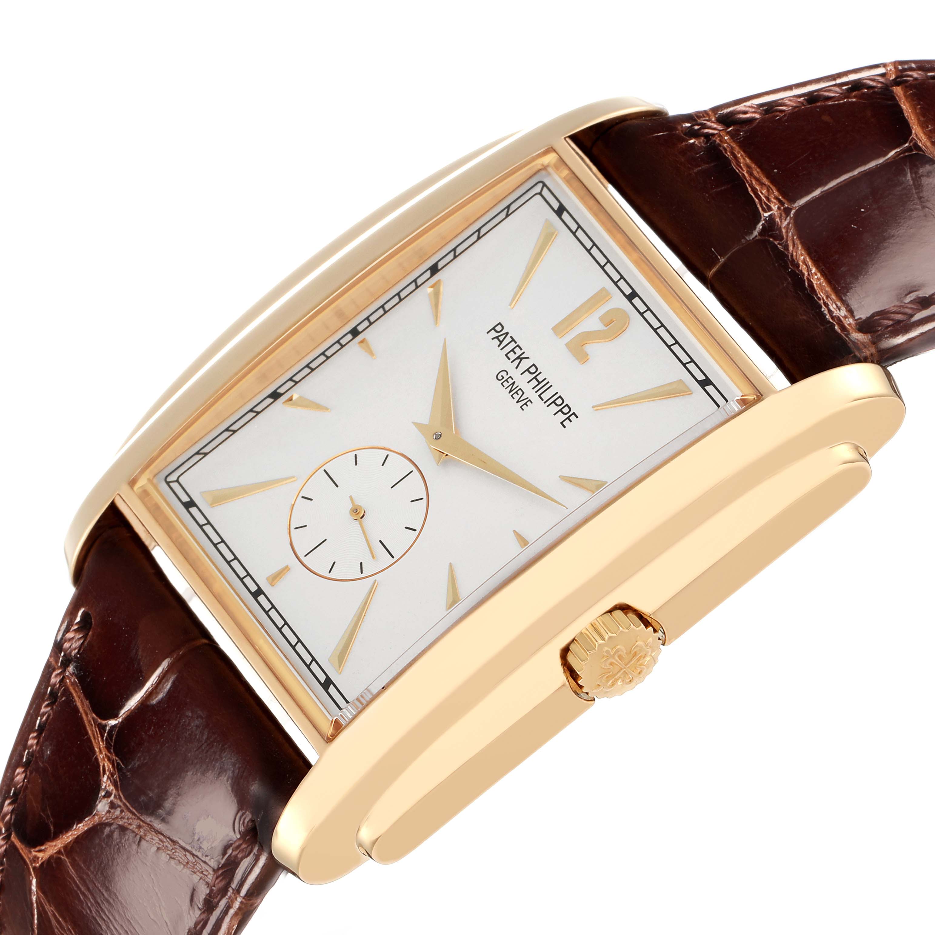 The image shows a side view of the Patek Philippe Gondolo 5124 Men
s Yellow Gold Silver Dial watch, highlighting the face, crown, case, and leather strap.