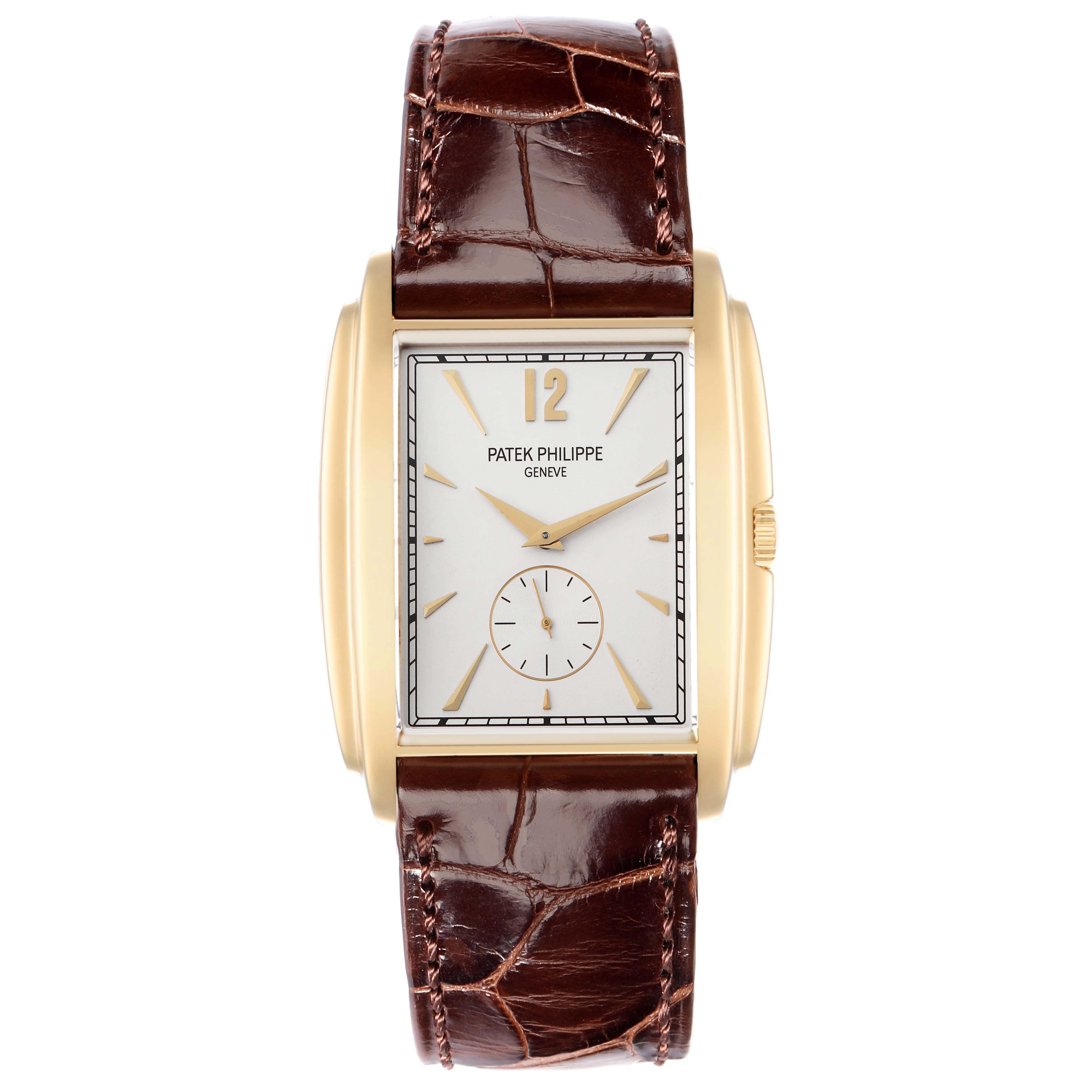 The Patek Philippe Gondolo 5124 Men
s Yellow Gold Silver Dial watch is shown from the front, featuring its rectangular dial, gold case, and brown leather strap.