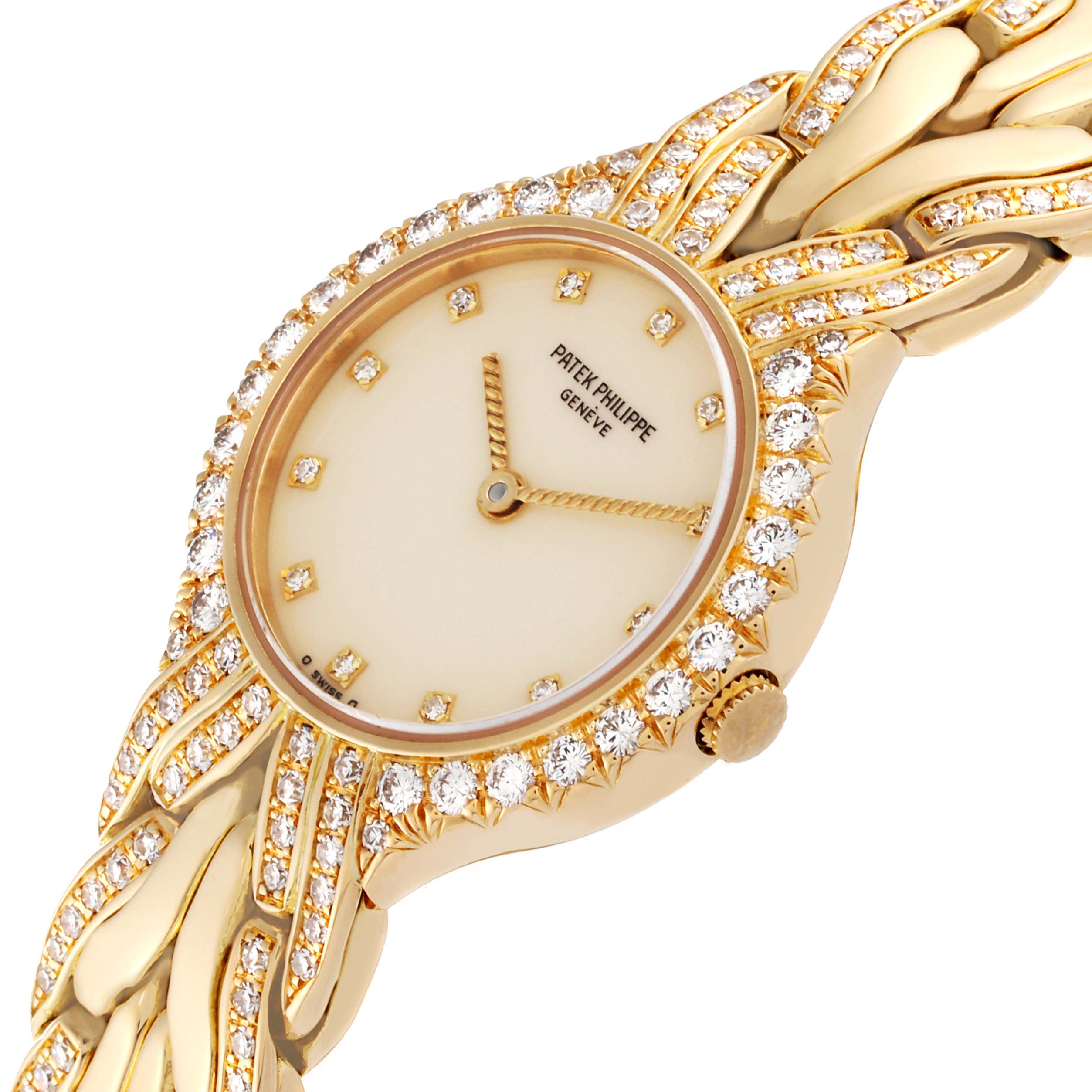 The image shows a close-up of the Patek Philippe La Flamme  4816/3J Women's Yellow Gold Beige Dial 4816/3J Women's Yellow Gold Beige Dialmodel watch, highlighting its diamond-encrusted bezel, dial, and part of the bracelet.