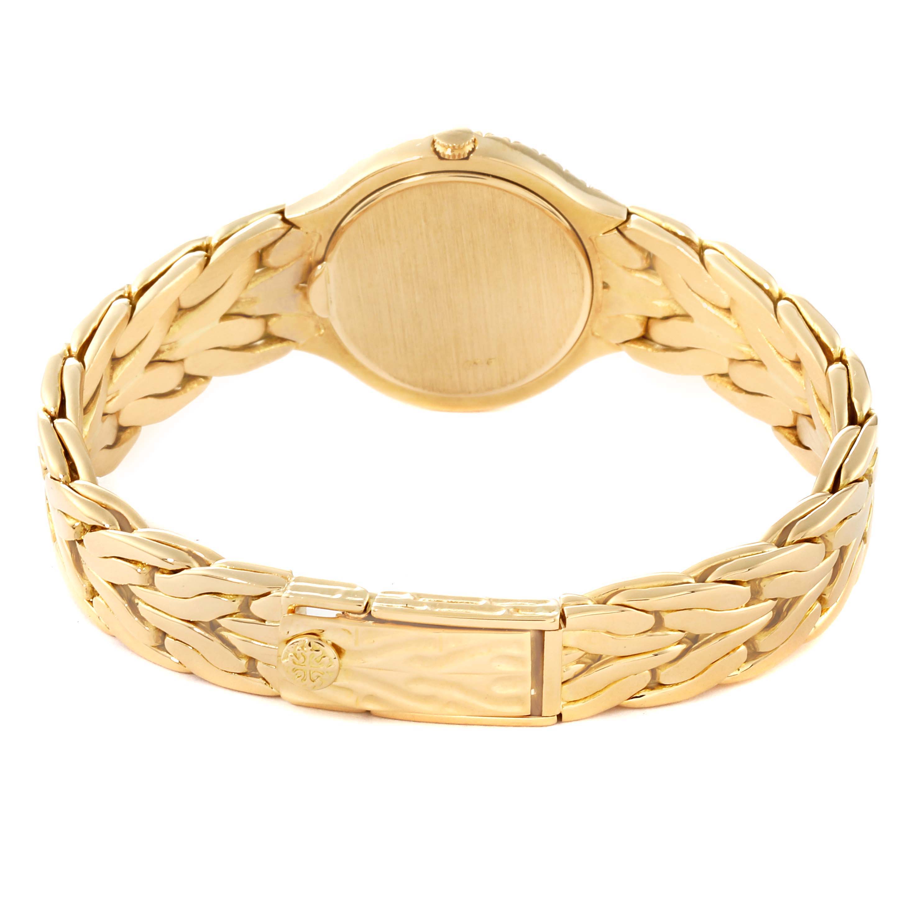 The image shows the back view of the Patek Philippe La Flamme  4816/3J Women's Yellow Gold Beige Dial 4816/3J Women's Yellow Gold Beige Dialmodel, highlighting the watch's bracelet and clasp.