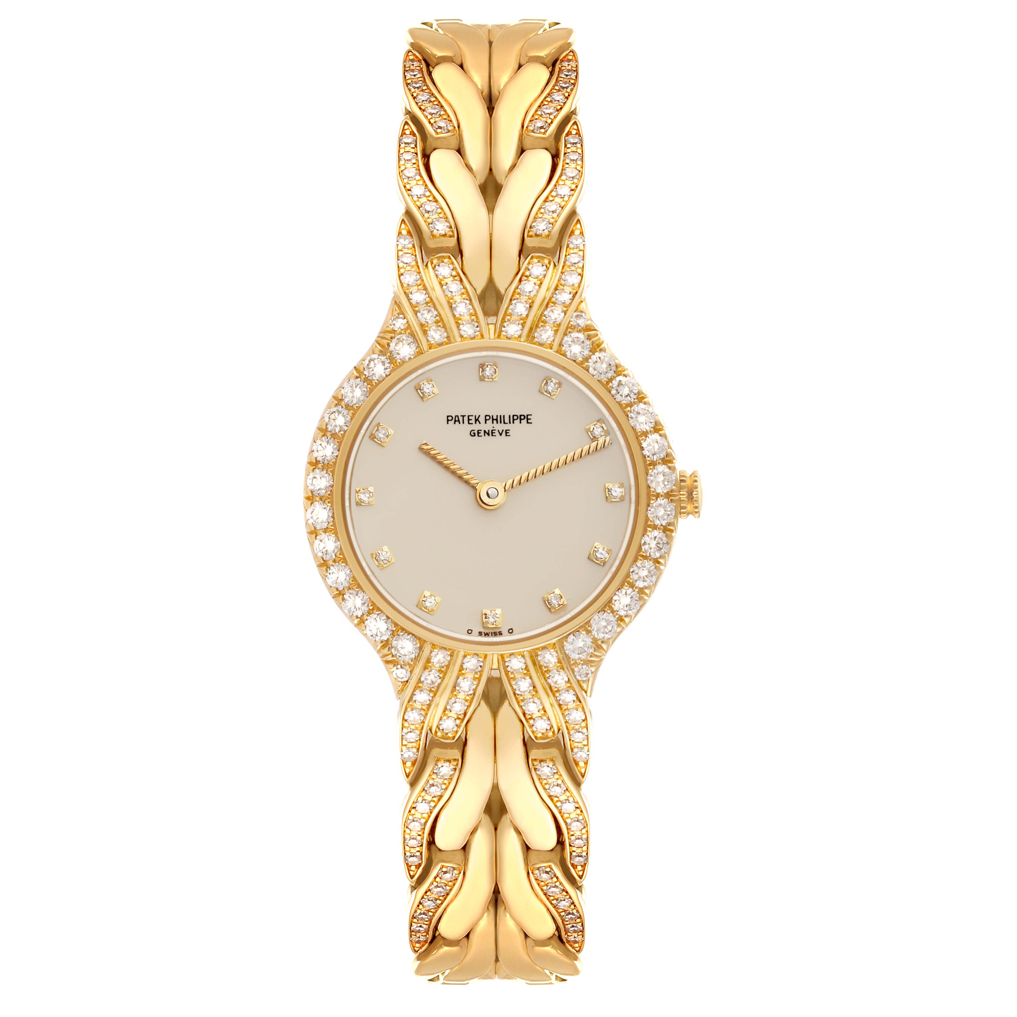 This image shows a front view of the Patek Philippe La Flamme  4816/3J Women's Yellow Gold Beige Dial 4816/3J Women's Yellow Gold Beige Dialwatch, highlighting its diamond-studded bezel and gold bracelet.