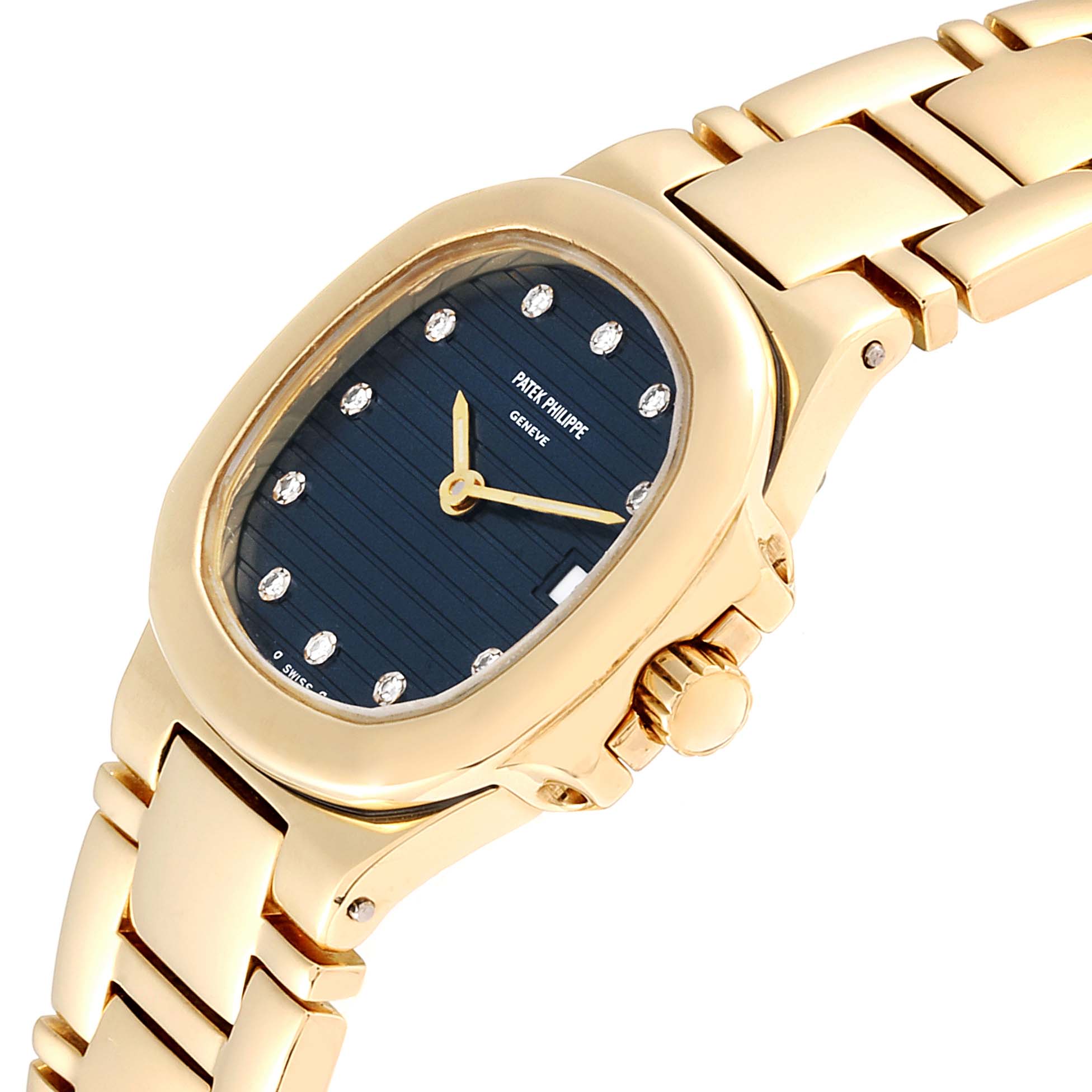 This image shows a gold Patek Philippe Nautilus 4700 Women's Yellow Gold Blue Dial 4700 Women's Yellow Gold Blue Dial watch, highlighting the case, dial, bracelet, and crown at an angled side view.