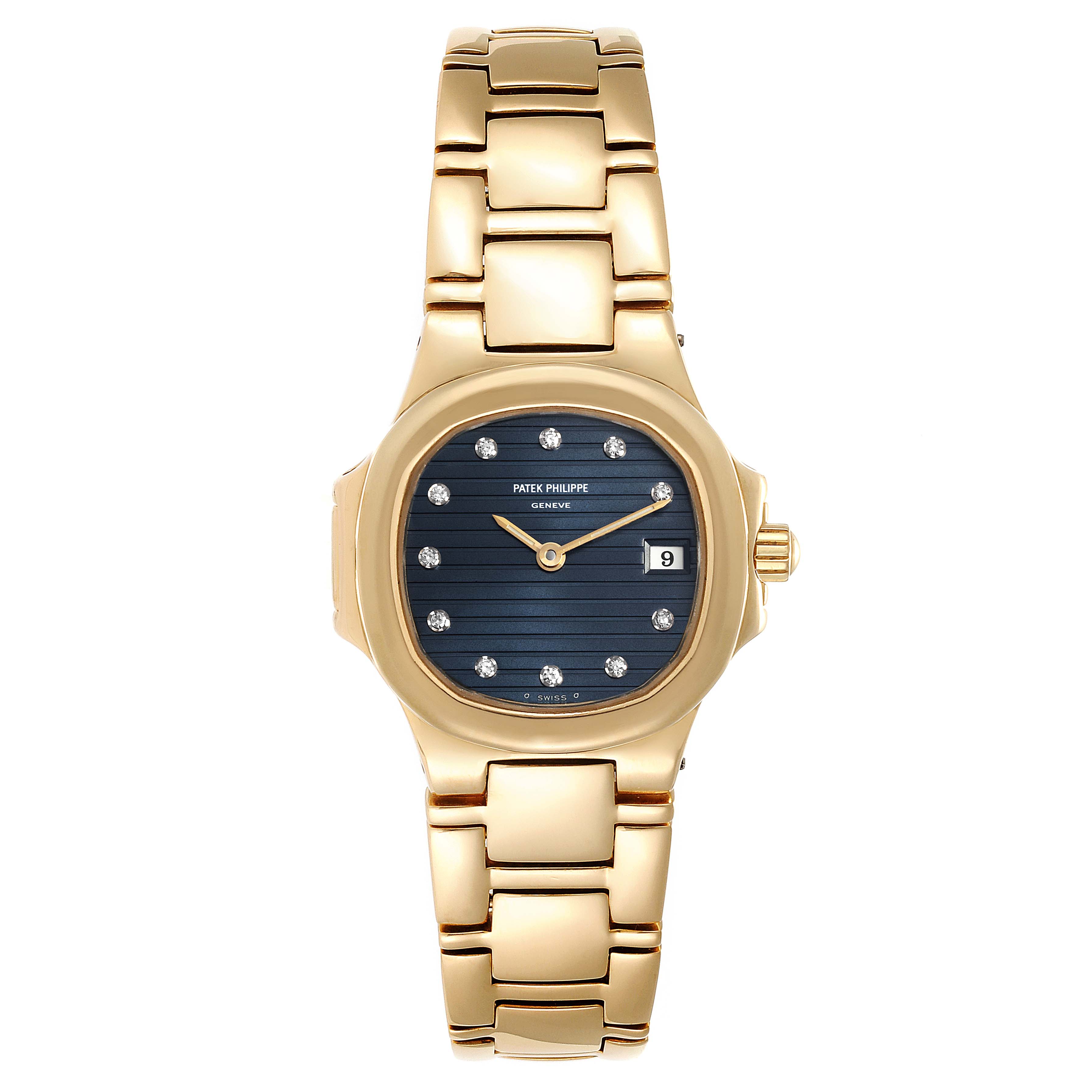 The image shows a front view of a Patek Philippe Nautilus 4700 Women's Yellow Gold Blue Dial 4700 Women's Yellow Gold Blue Dial watch, highlighting its face, bracelet, and dial.