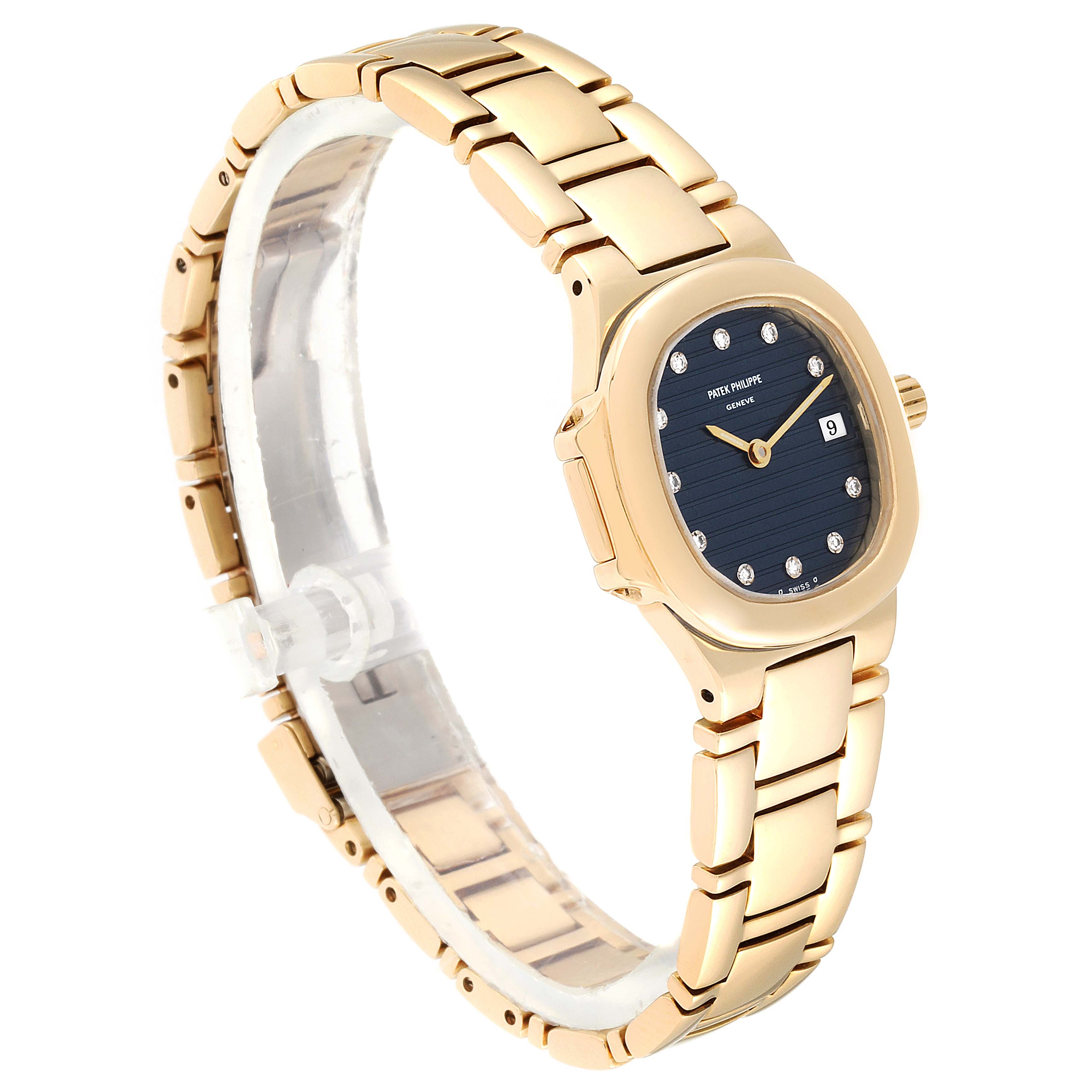 The image shows a Patek Philippe Nautilus 4700 Women's Yellow Gold Blue Dial 4700 Women's Yellow Gold Blue Dial watch angled to display its gold bracelet and black dial.