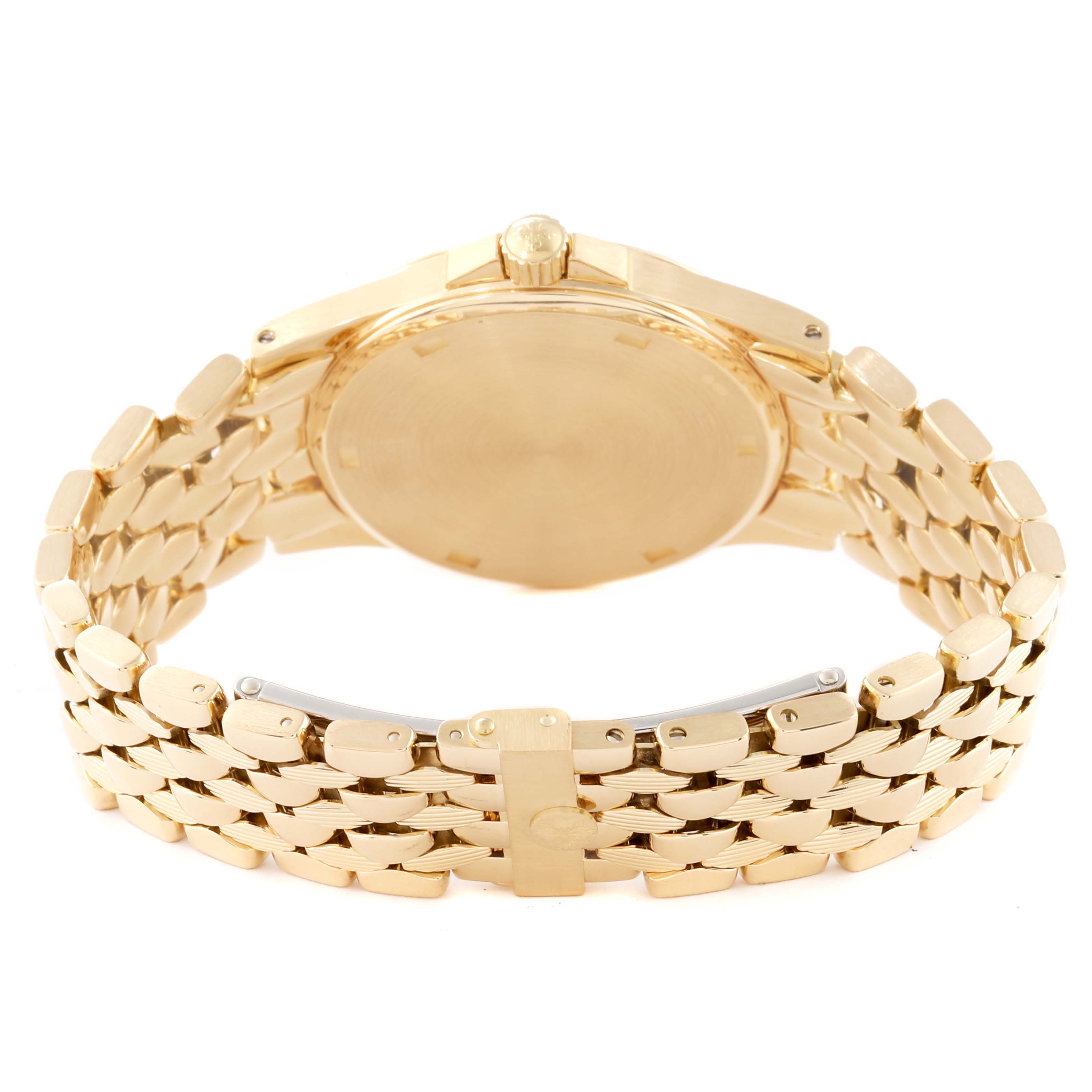 The image shows the back view of the Patek Philippe Neptune 5081/1J-001 Men's Yellow Gold Silver Dial 5081/1J-001 Men's Yellow Gold Silver Dial model watch, highlighting its gold case and bracelet.