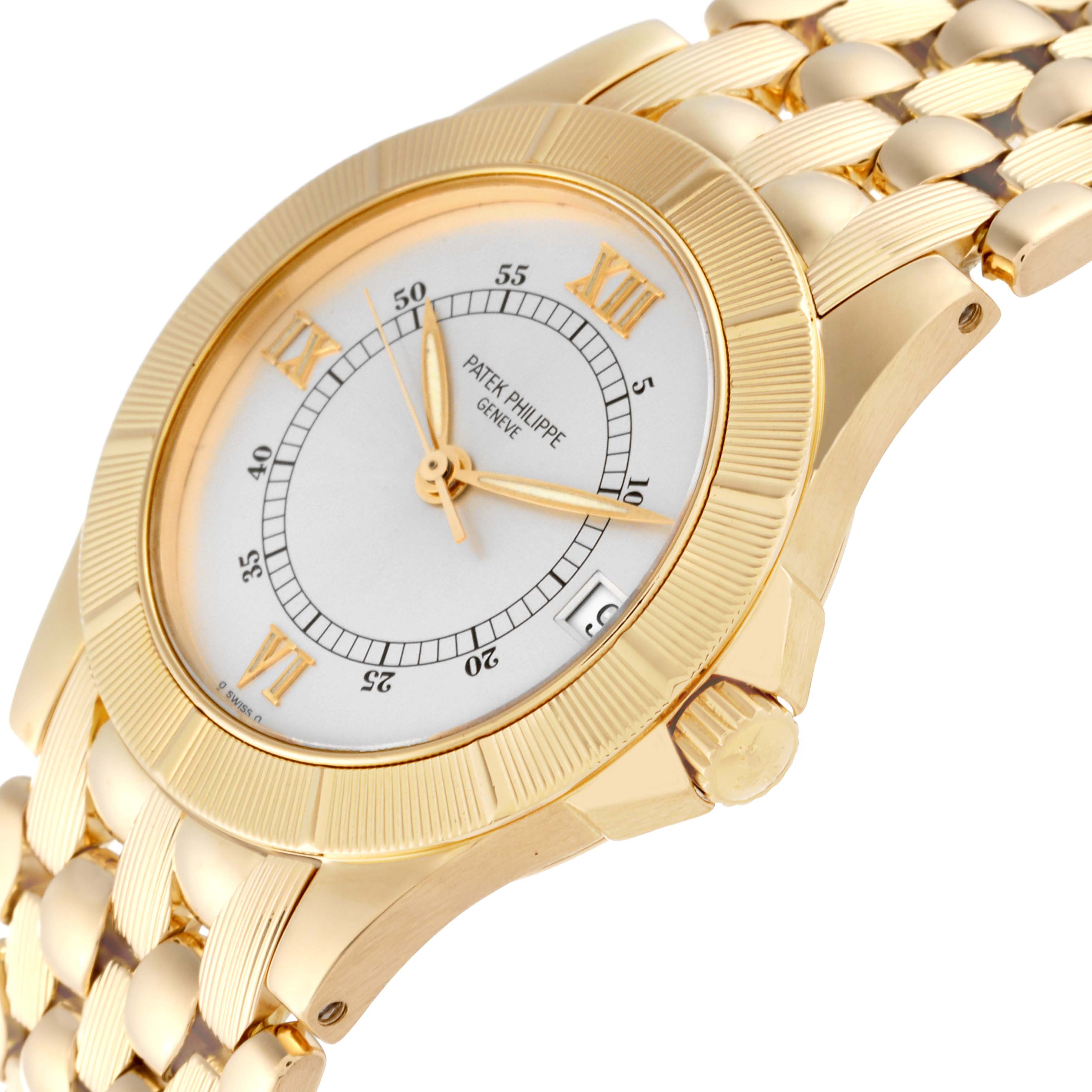 The image shows a close-up angle of the Patek Philippe Neptune 5081/1J-001 Men's Yellow Gold Silver Dial 5081/1J-001 Men's Yellow Gold Silver Dial model watch, highlighting the golden bezel, dial, and linked bracelet.