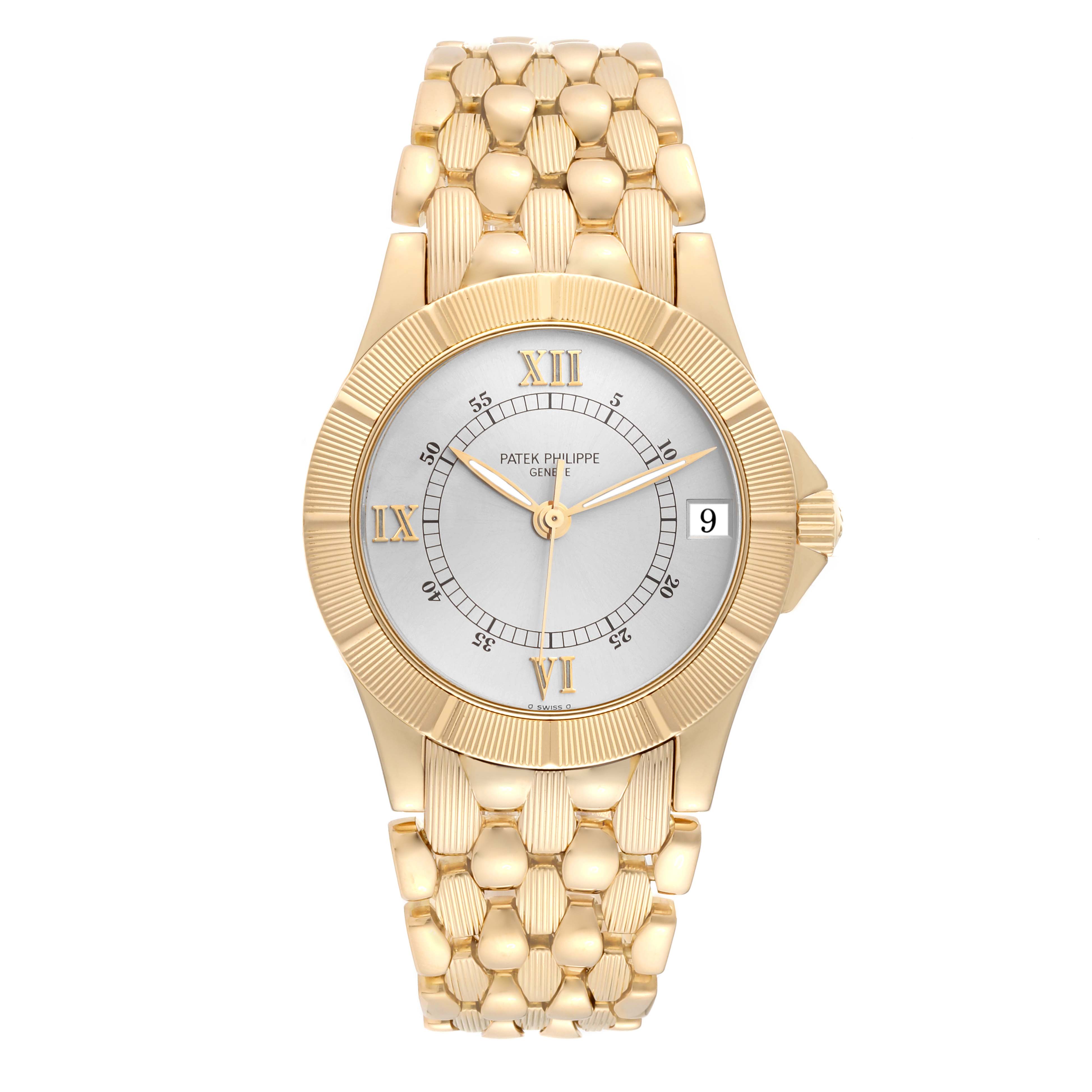 The image shows a front view of a Patek Philippe Neptune 5081/1J-001 Men's Yellow Gold Silver Dial 5081/1J-001 Men's Yellow Gold Silver Dial model watch with a gold bracelet and silver dial.