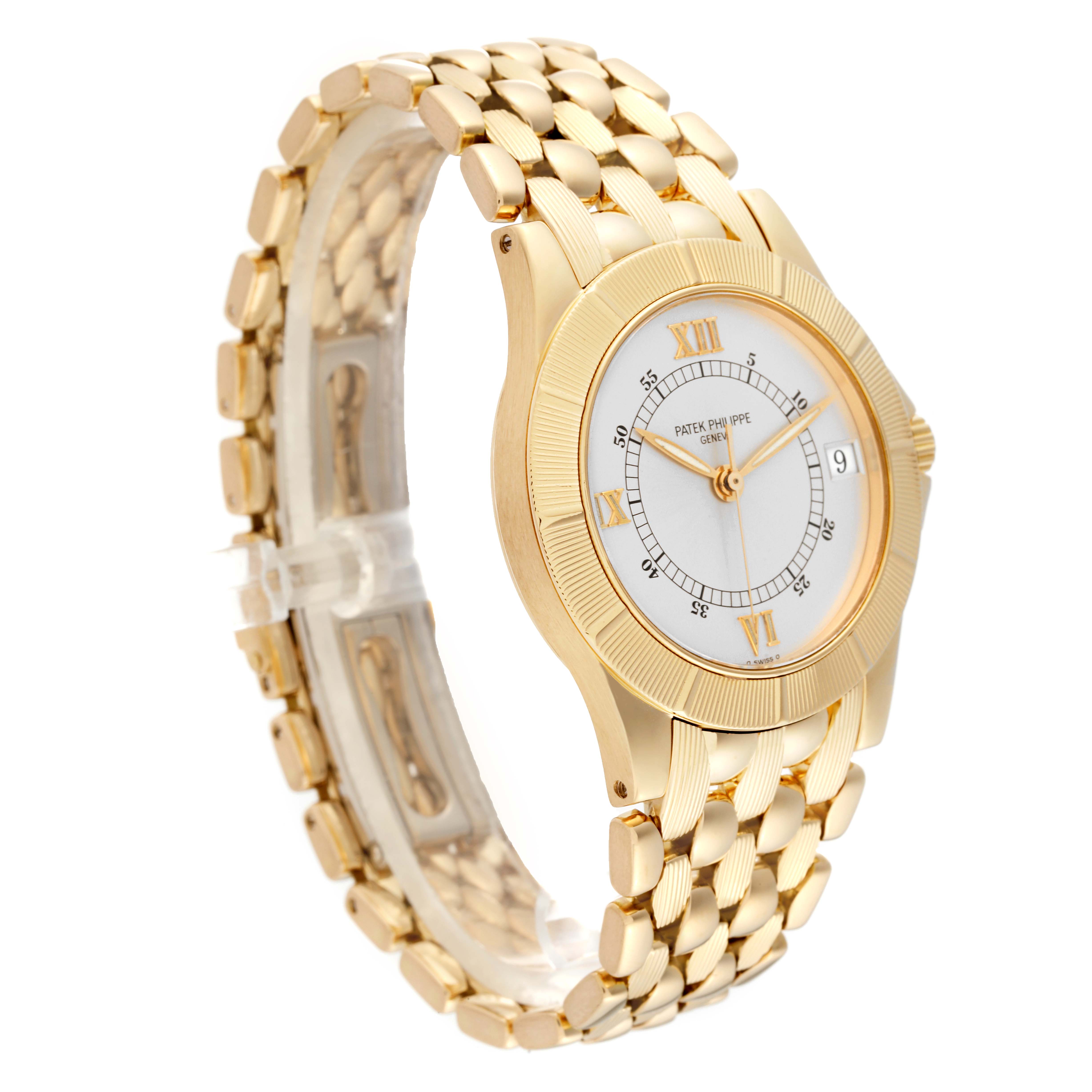 The image shows a side profile view of the Patek Philippe Neptune 5081/1J-001 Men's Yellow Gold Silver Dial 5081/1J-001 Men's Yellow Gold Silver Dial model watch, highlighting its gold case, dial, and bracelet.