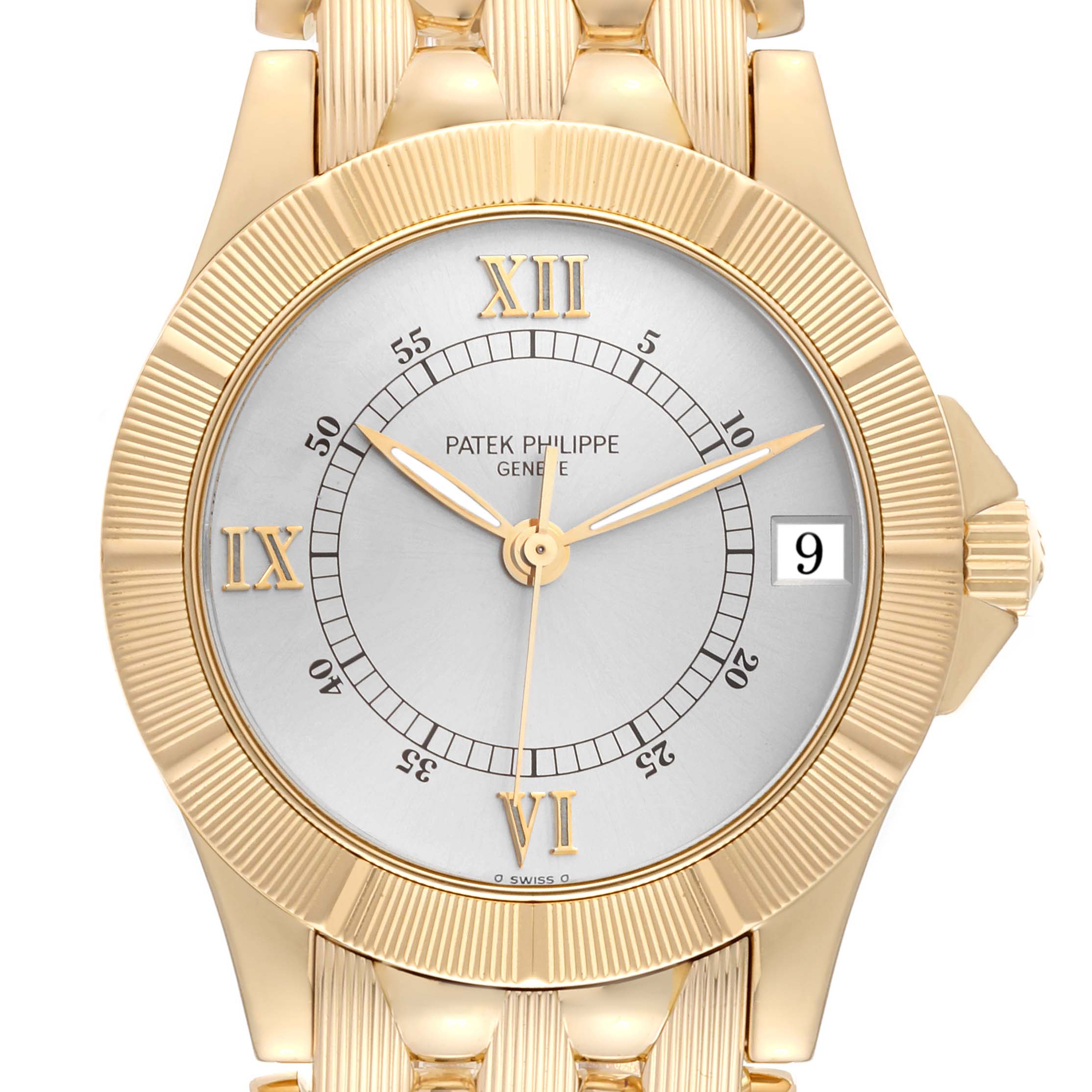 This image shows a frontal view of the Patek Philippe Neptune 5081/1J-001 Men's Yellow Gold Silver Dial 5081/1J-001 Men's Yellow Gold Silver Dial model watch with its gold case, bezel, and silver dial.