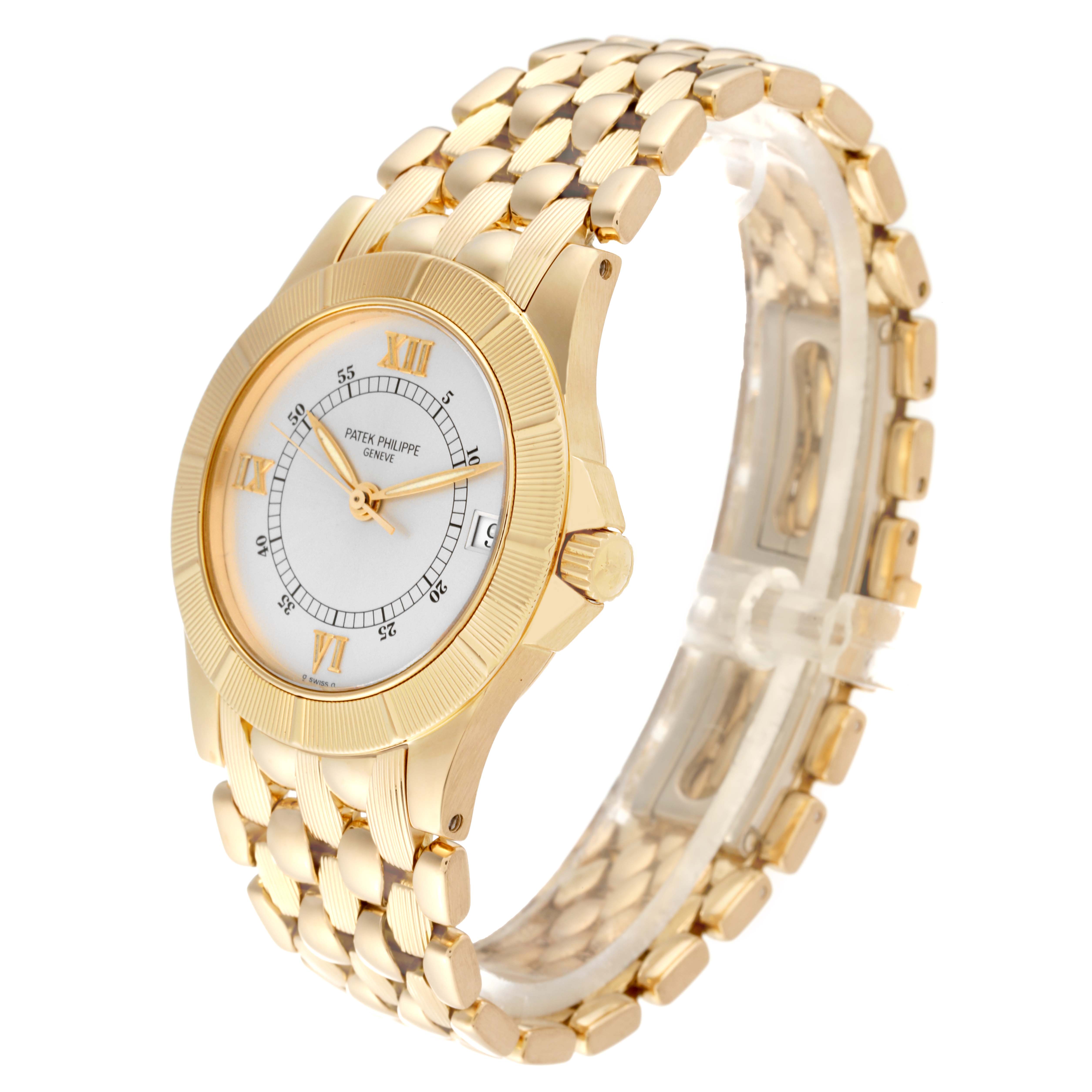 The image shows the Patek Philippe Neptune 5081/1J-001 Men's Yellow Gold Silver Dial 5081/1J-001 Men's Yellow Gold Silver Dial watch at a three-quarter angle, displaying its face, bracelet, and crown.