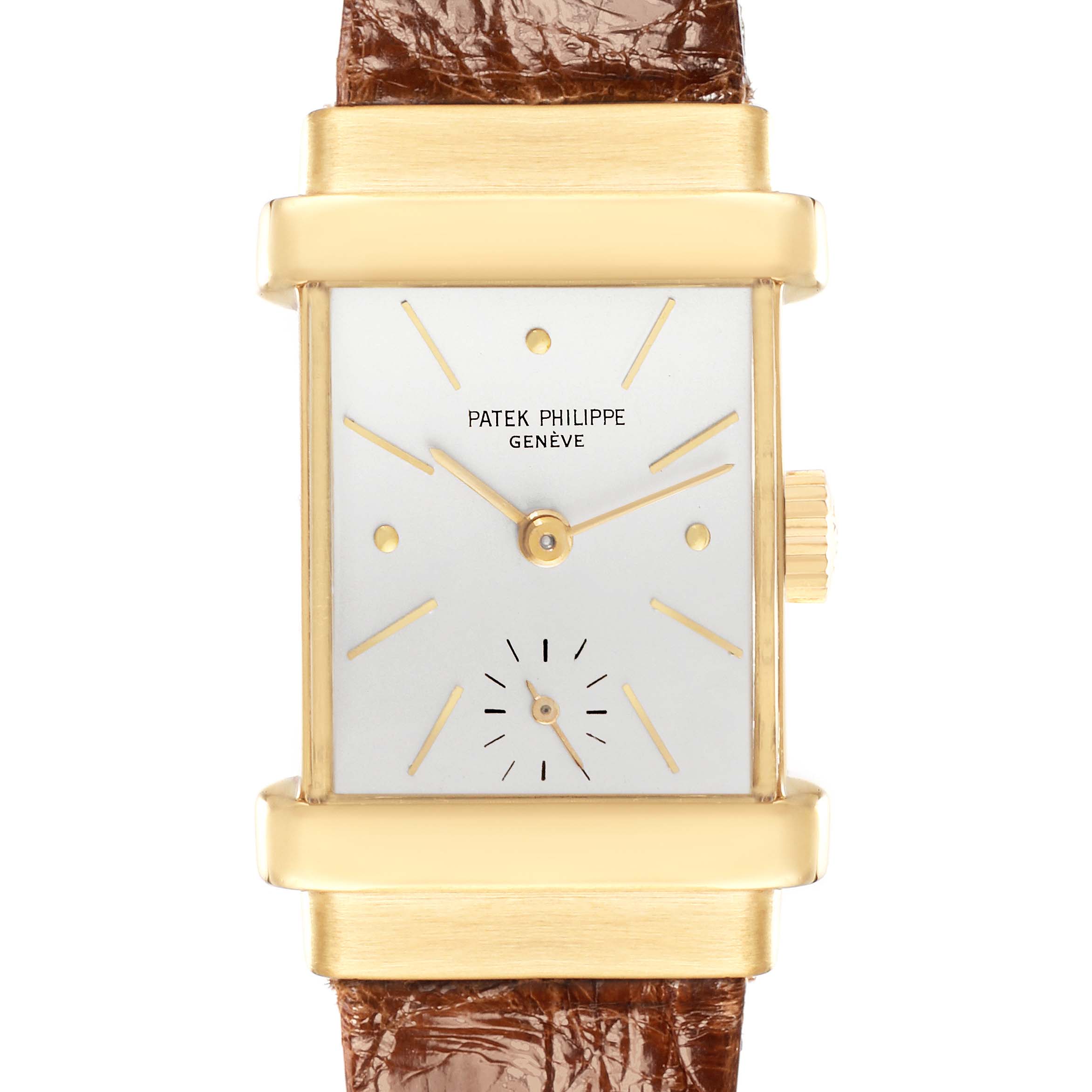 The image shows a frontal view of the Patek Philippe Vintage 1450 Men
s Yellow Gold Silver Dial model, highlighting the rectangular gold case, dial, and crown.