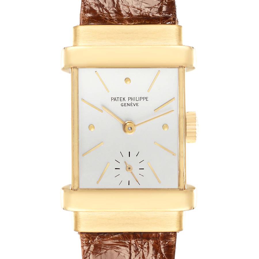 The image shows a front view of the Patek Philippe Vintage Men's Watch, model number 1450, highlighting its rectangular dial and case with a leather strap.
