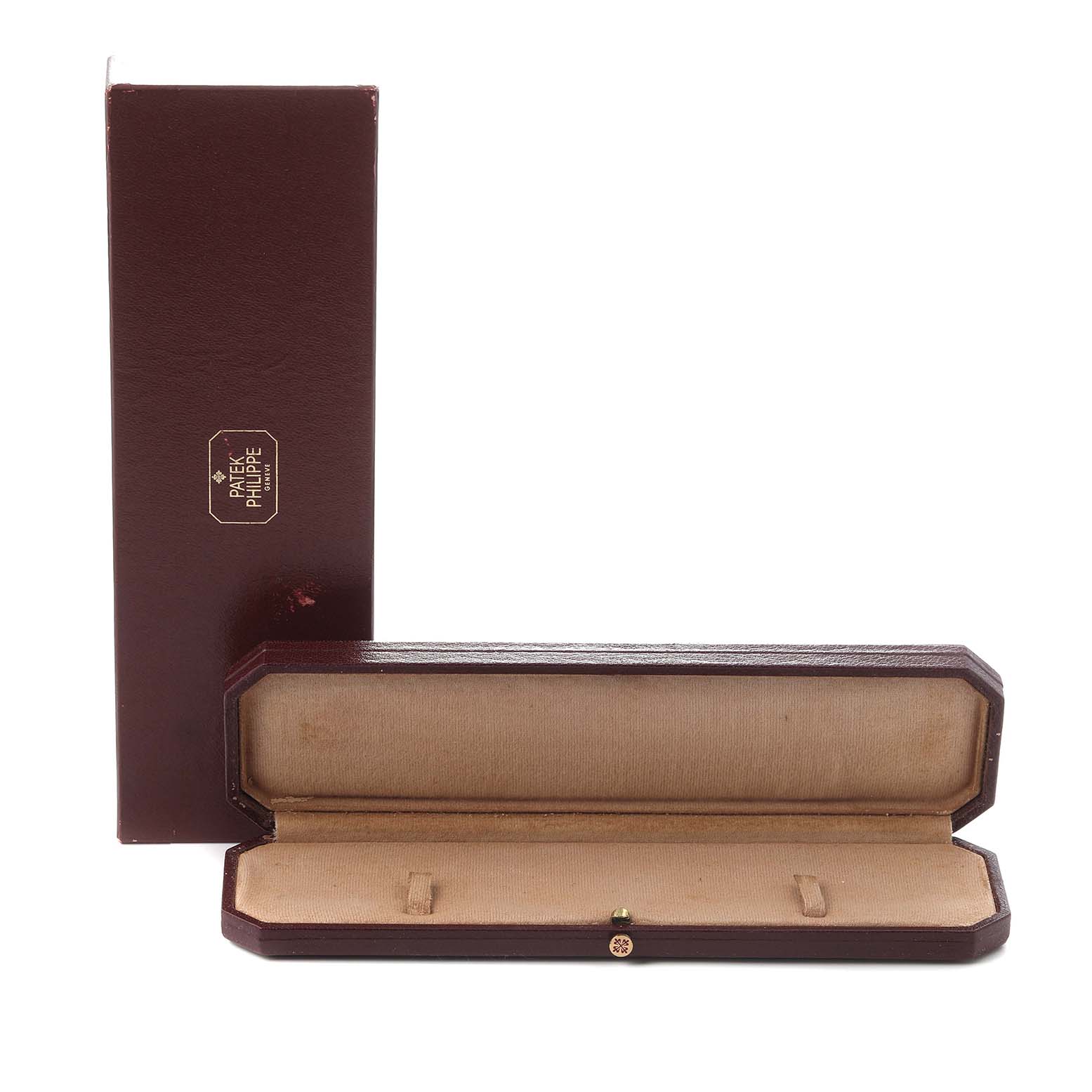 The image shows a Patek Philippe Vintage 1450 Men
s Yellow Gold Silver Dial watch box and outer packaging from a front angle, with the box open and empty.