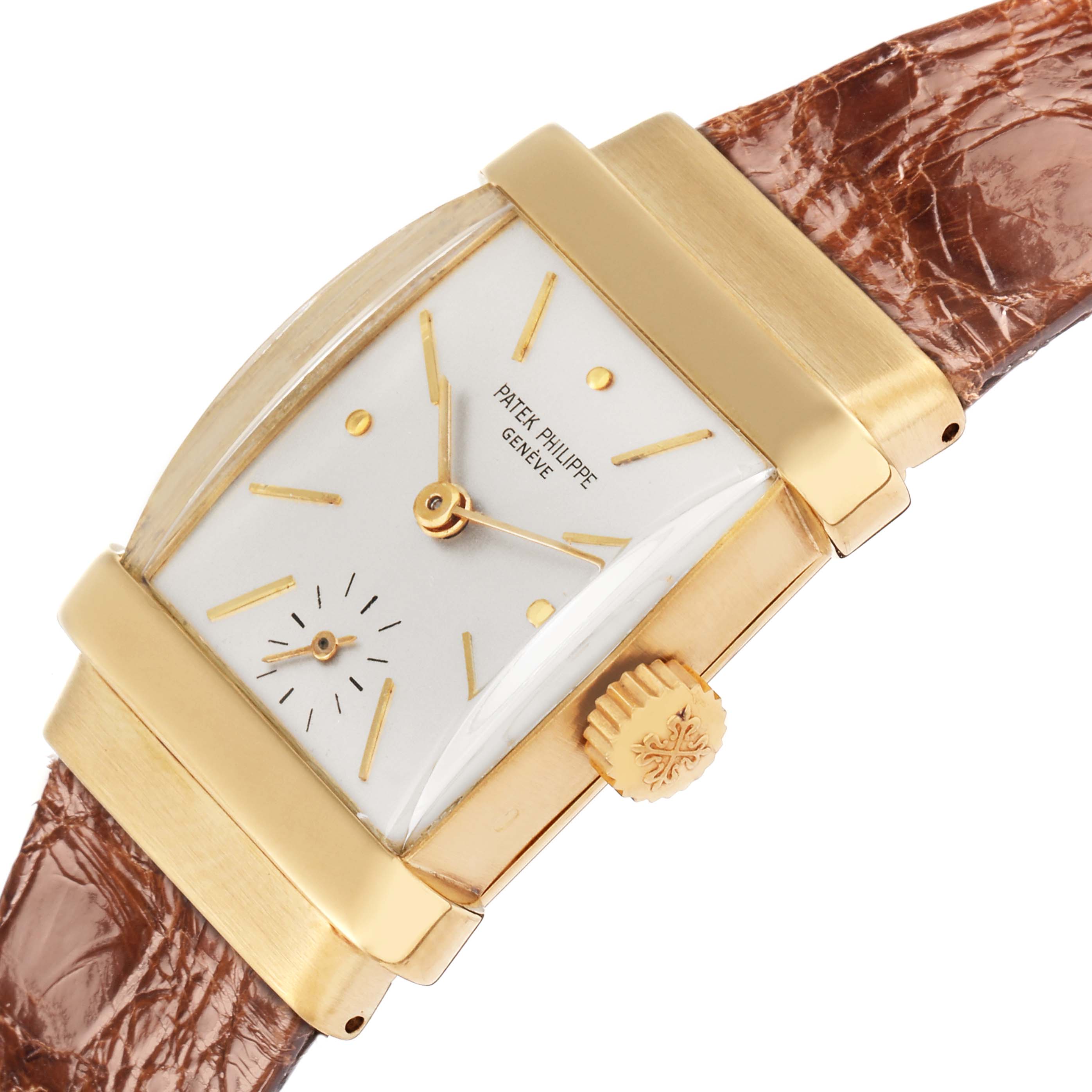 The Patek Philippe Vintage 1450 Men
s Yellow Gold Silver Dial model is shown at an angled view, displaying the gold case, dial, crown, and brown leather strap.