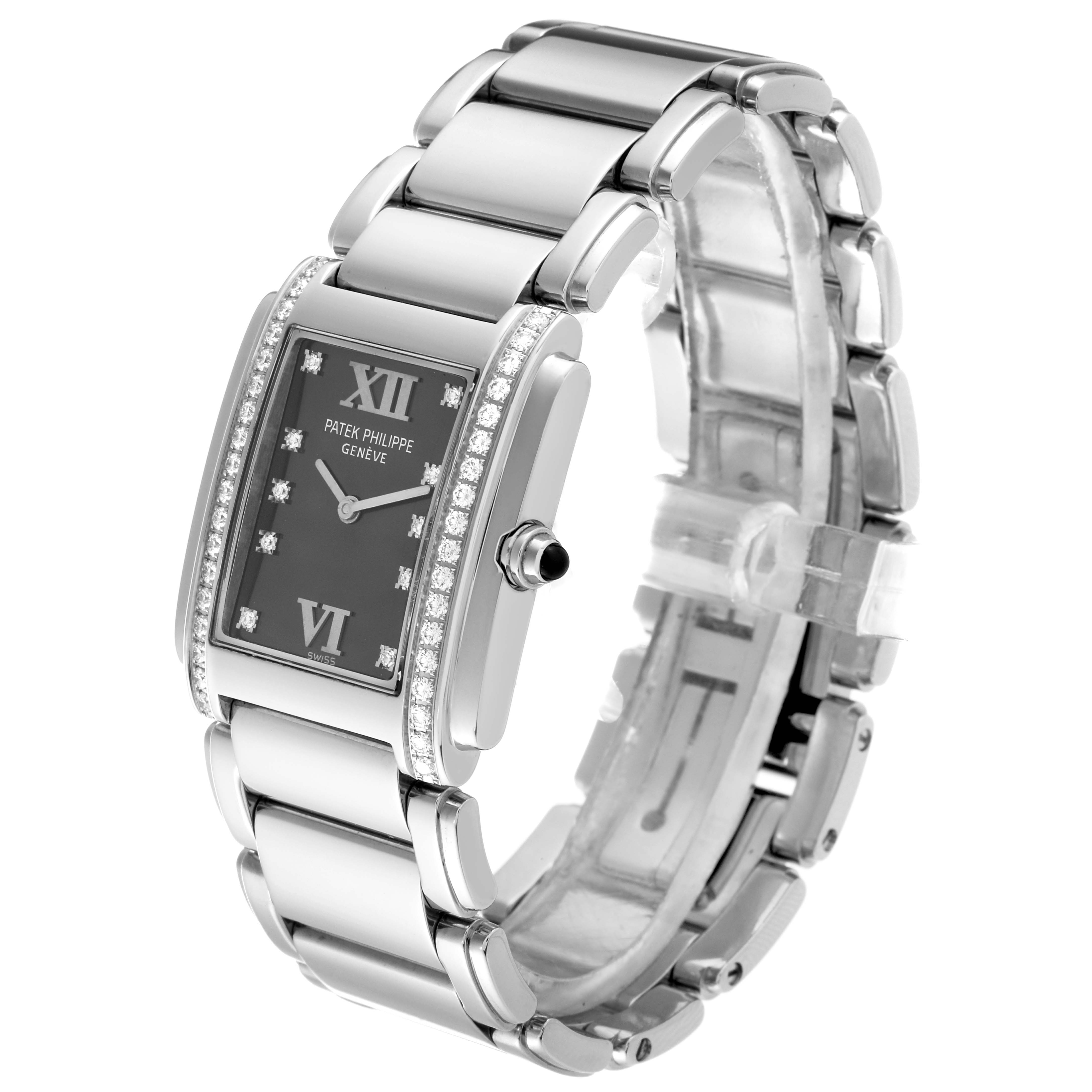 The image shows a side-front angle of the Patek Philippe Twenty-4 4910 Women's Stainless Steel Grey Dial 4910 Women's Stainless Steel Grey Dial model, highlighting the watch face, bezel, and bracelet.