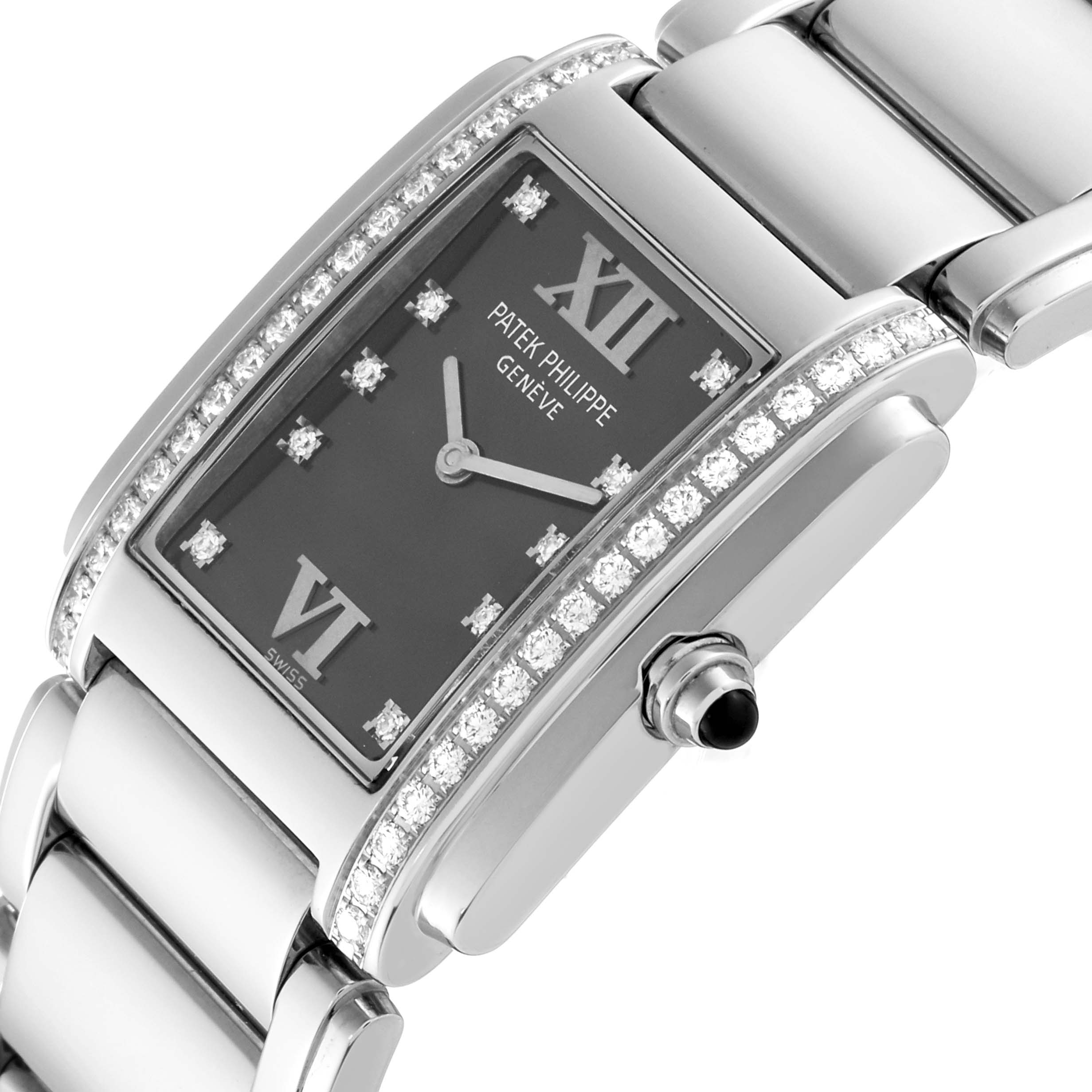 This image shows a close-up angled view of the dial, bezel, crown, and part of the bracelet of the Patek Philippe Twenty-4 4910 Women's Stainless Steel Grey Dial 4910 Women's Stainless Steel Grey Dial watch.