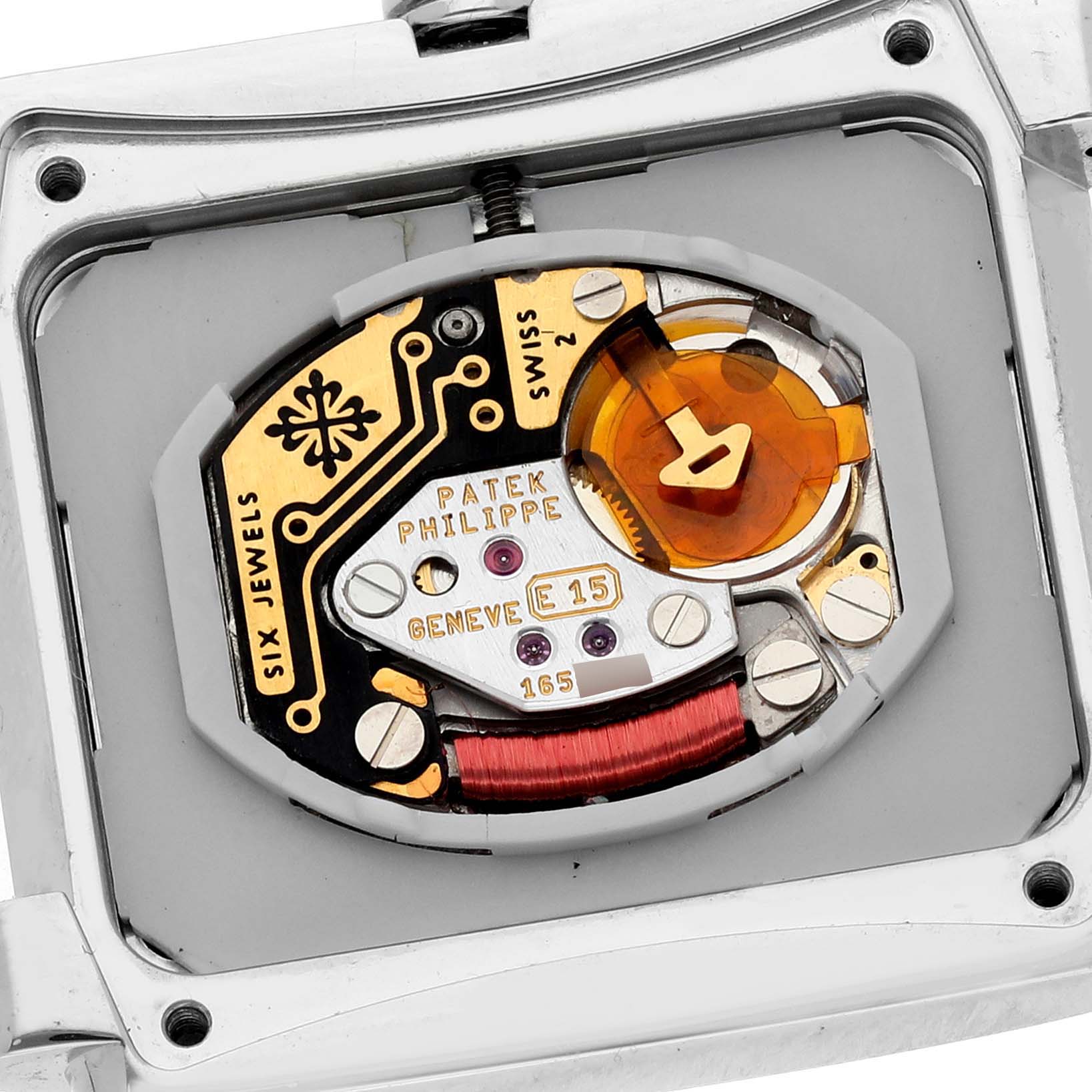 This image shows the internal mechanism of the Patek Philippe Twenty-4 4910 Women's Stainless Steel Grey Dial 4910 Women's Stainless Steel Grey Dial model, viewed from the back.