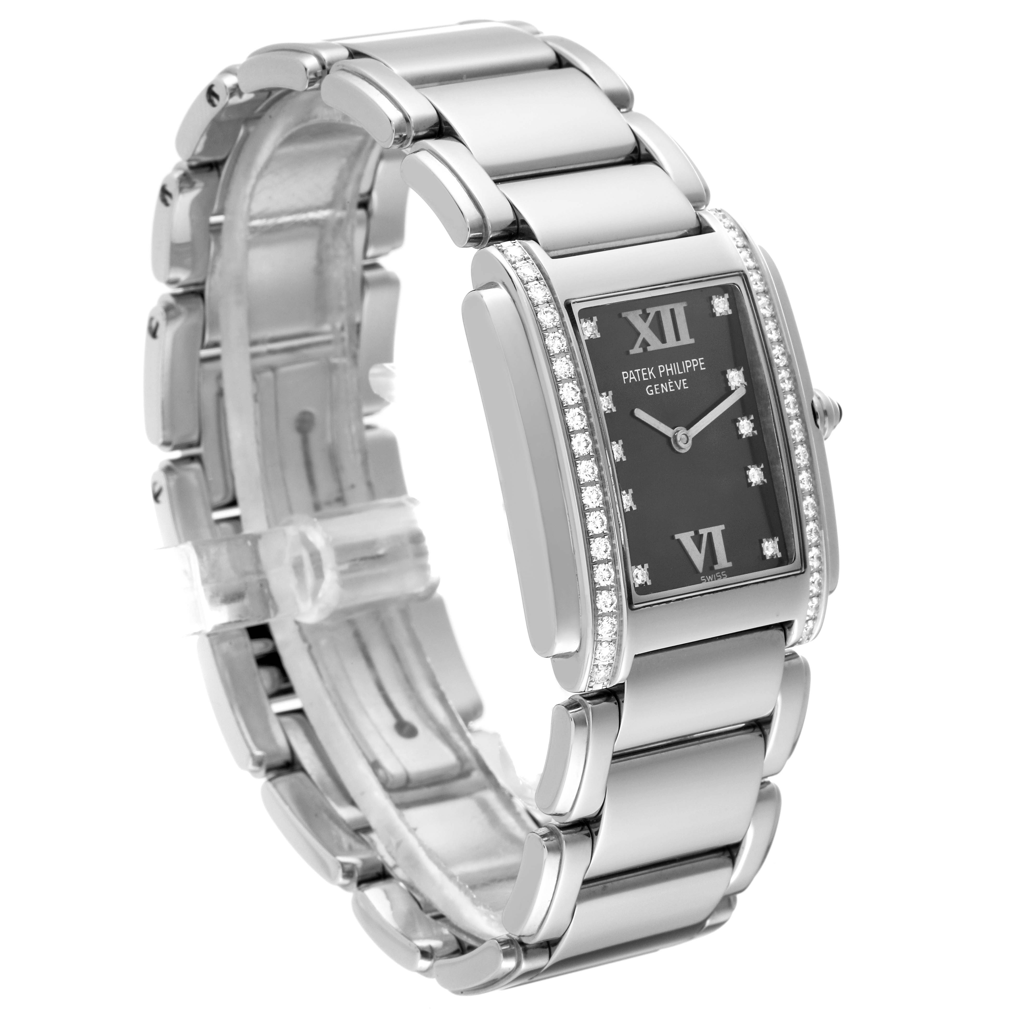 The image shows a side view of a Patek Philippe Twenty-4 4910 Women's Stainless Steel Grey Dial 4910 Women's Stainless Steel Grey Dial watch, highlighting its bracelet, face, and diamond-accented bezel.